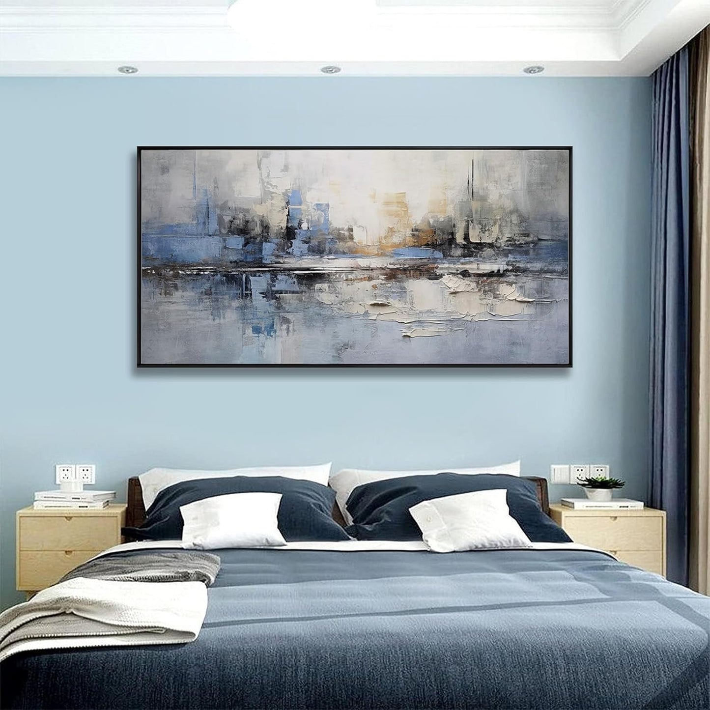 Abstract wall Art Framed Artwork Blue and Gray White Decor Modern Canvas Wall Prints Abstract Wall Decor Suitable for Bedroom apartment Office Dining Room Wall Decor Can Be Hung 24"x48"