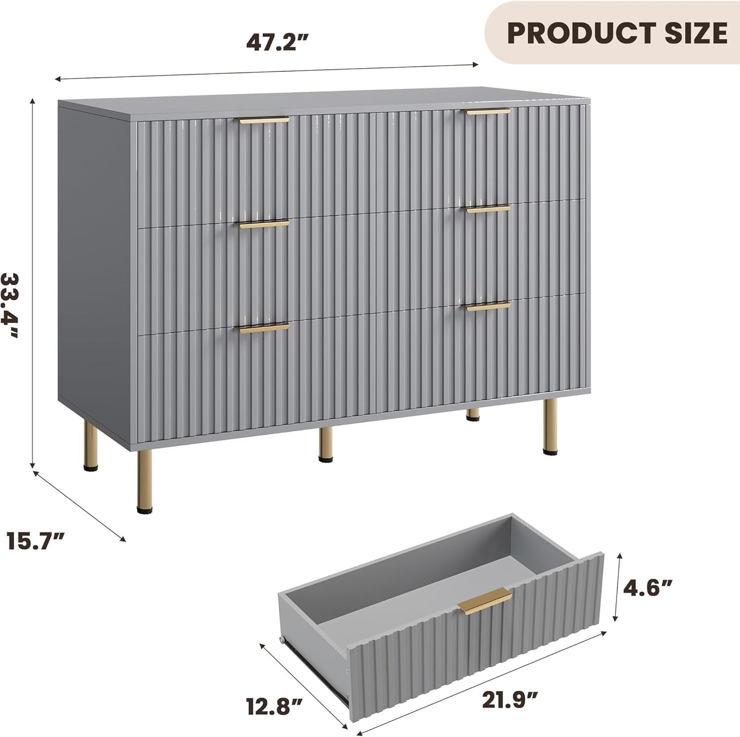 6 Drawer Dresser for Bedroom, Fluted 47.2" Wide Modern Chest of Drawers with Deep Drawers, Long Large Double Dresser TV Stand, Wooden Dresser Organizer for Living Room, Hallway, Kids Room, Grey