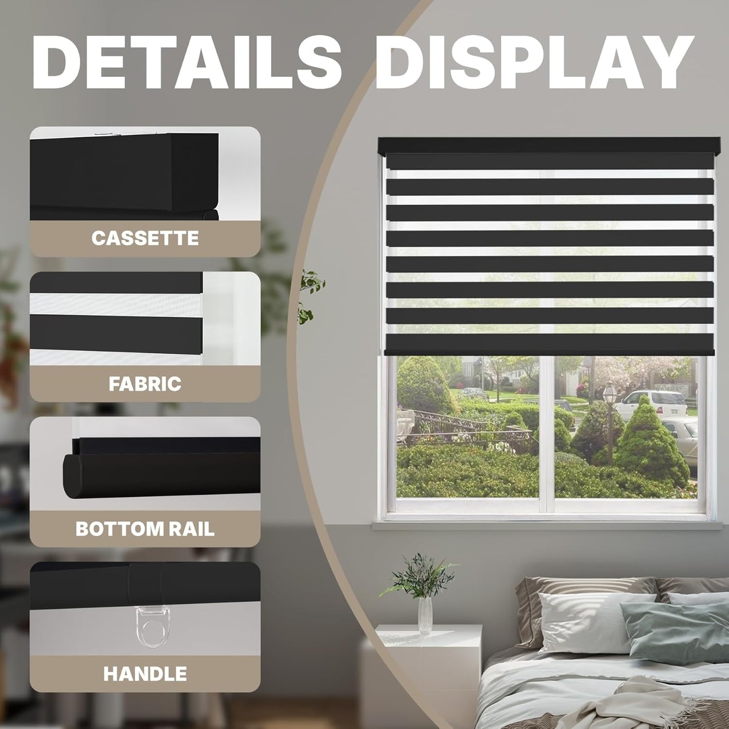 HESTIA Cordless Zebra Blinds Light Filtering Roller Shades UV Blocking Blackout Privacy Indoor Window Shades for Home Office Day and Night, Black,50" W x 60" H