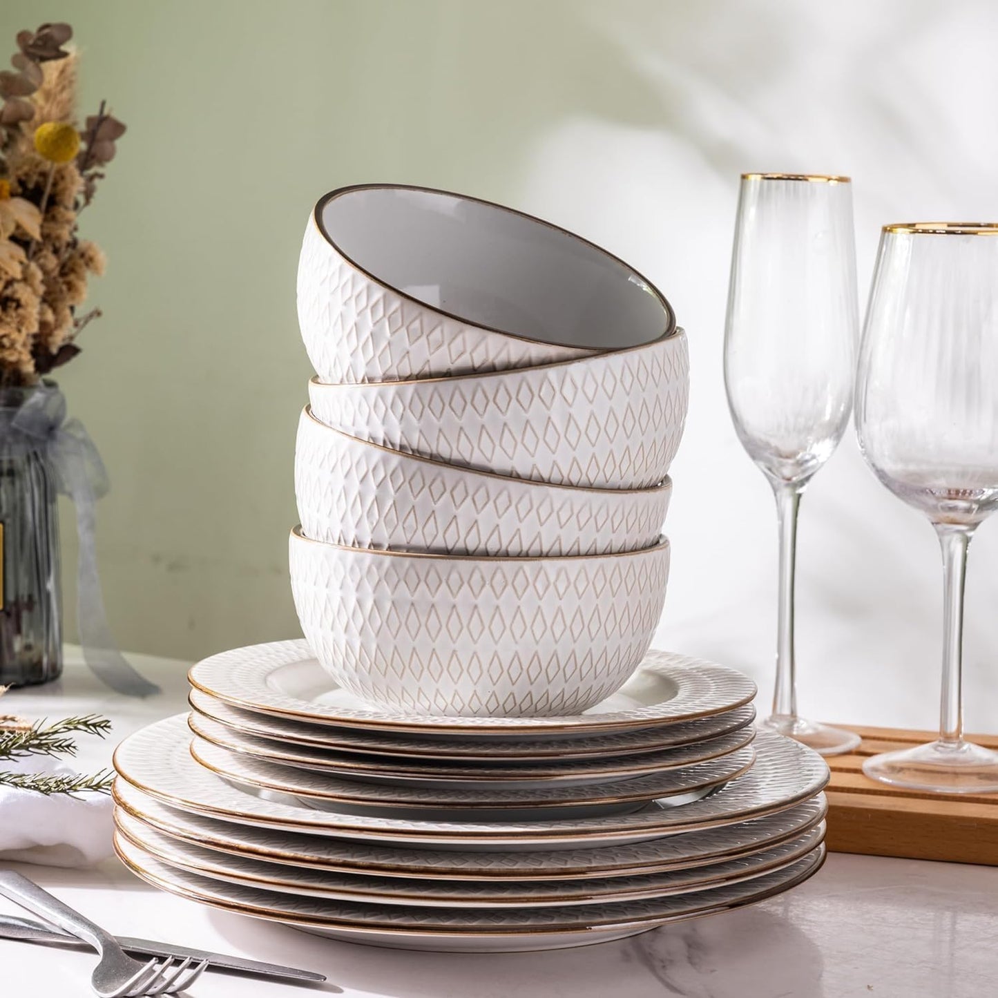 GBHOME Ceramic Dinnerware Sets, 24 pcs Embossed Elegant Stoneware Plates and Bowls Sets, Housewarming Wedding Gift | Dishwasher & Microwave Safe | Dishes Set Service for 8