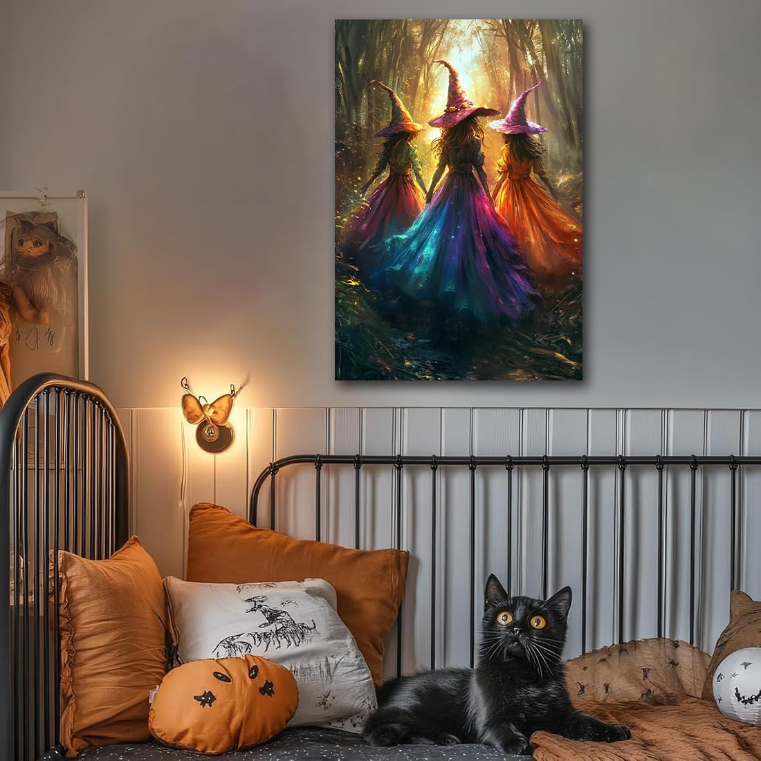 Halloween Room Decor Wall Art Colorful Witch Prints,Vintage Three Colorful Witches in Forest Halloween Posters,Fall Fantasy Aesthetic Pictures Playful Art Wall Decor for Bedroom,16"x24" Unframed