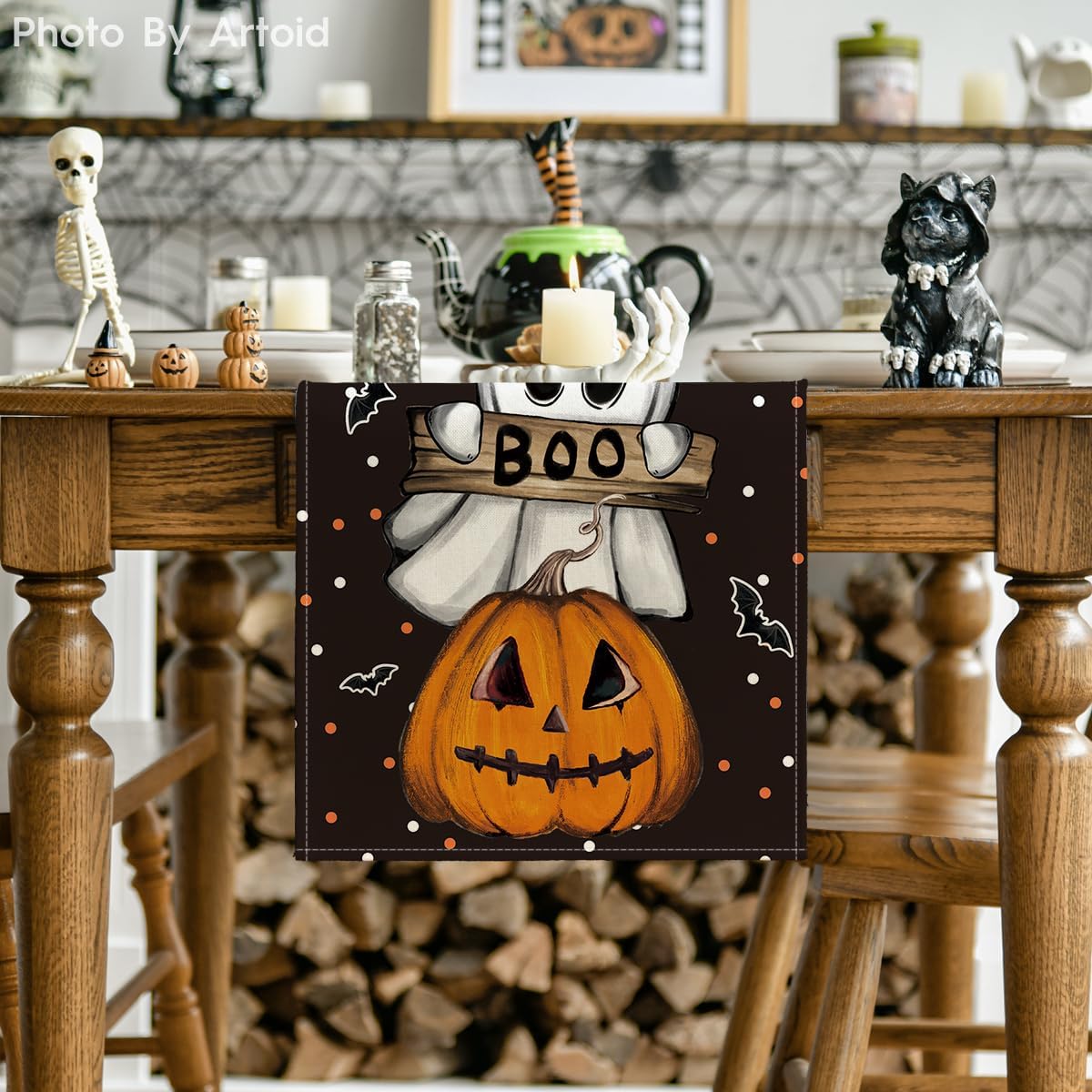 Artoid Mode Polka Dot Ghost Pumpkin Cat Boo Halloween Table Runner, Bat Seasonal Fall Kitchen Dining Table Decoration for Home Party Decor 13x108 Inch
