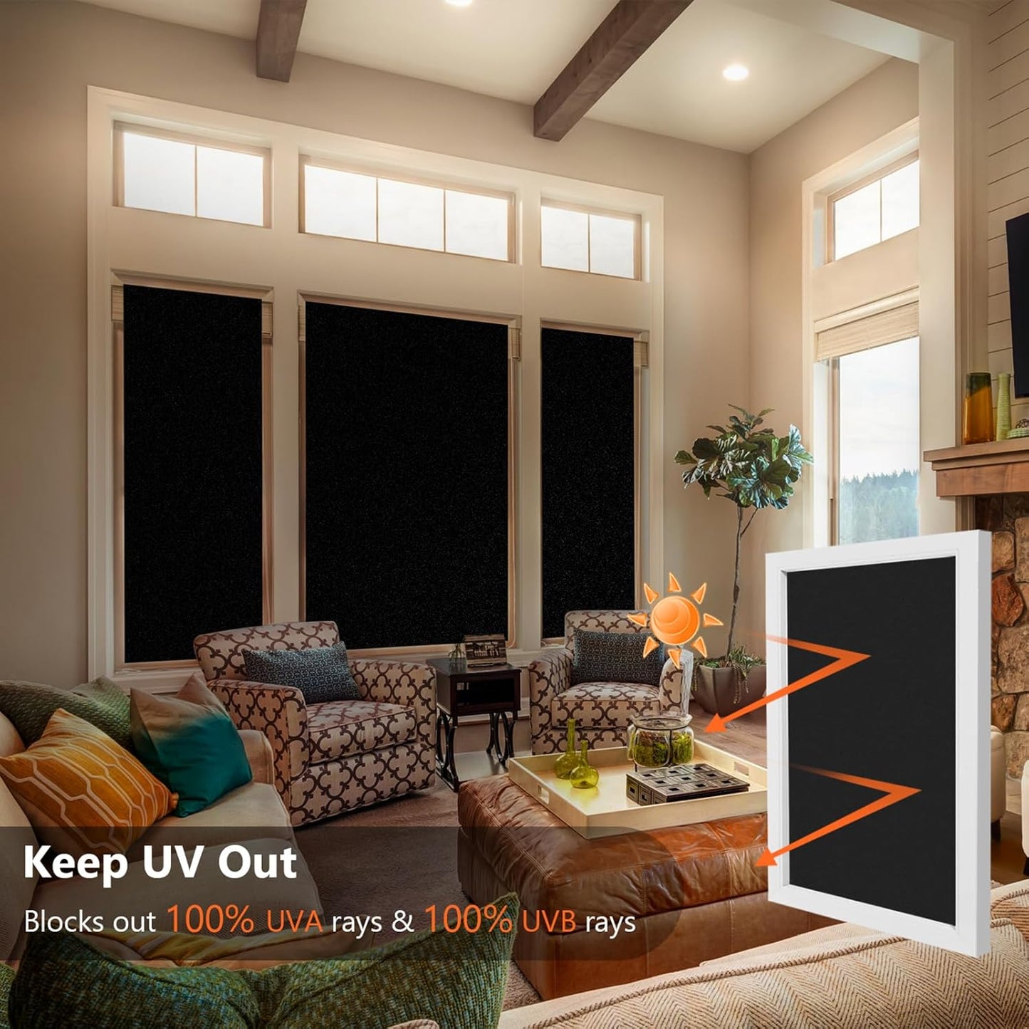Kromapolis Blackout Window Privacy Film Total Light Blocking Room Darkening Window Covering, Removable Static Cling Frosted Glass Tint, Non-Adhesive, Black 35.4'' x 78.7''