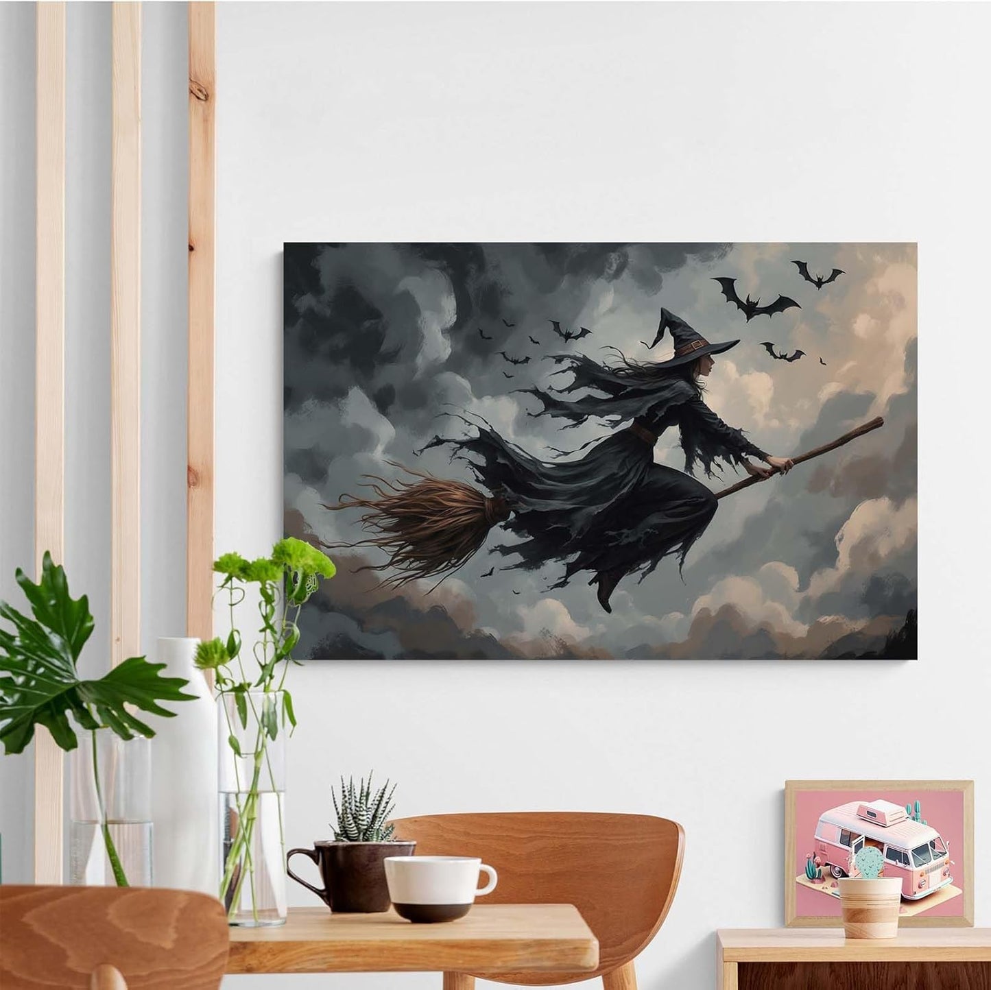 JFHCQJPK Witch and bat flying Halloween poster suitable for home party wall decoration retro Halloween preppy style wall art canvas print suitable for room decoration28x40in Frameless