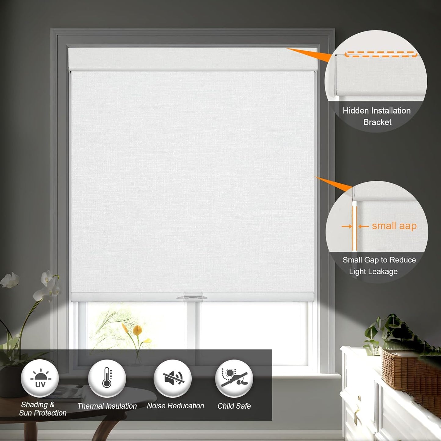 Persilux Blackout Roller Shades Windows Shades with Jacquard Fabric, Cordless Blinds Pull Down for Home, Easy to Install for Door/Office, White (45.5"W x 48"H)