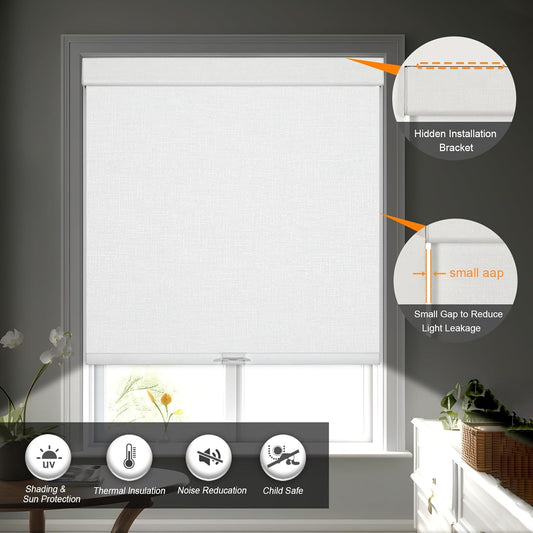 Persilux Blackout Roller Shades & Blinds Windows Shades Free-Stop Blackout Blinds with Jacquard Fabric,Cordless Blinds Pull Down Shades for Home, Easy to Install for Door/Office, White(62" W x 64" H)