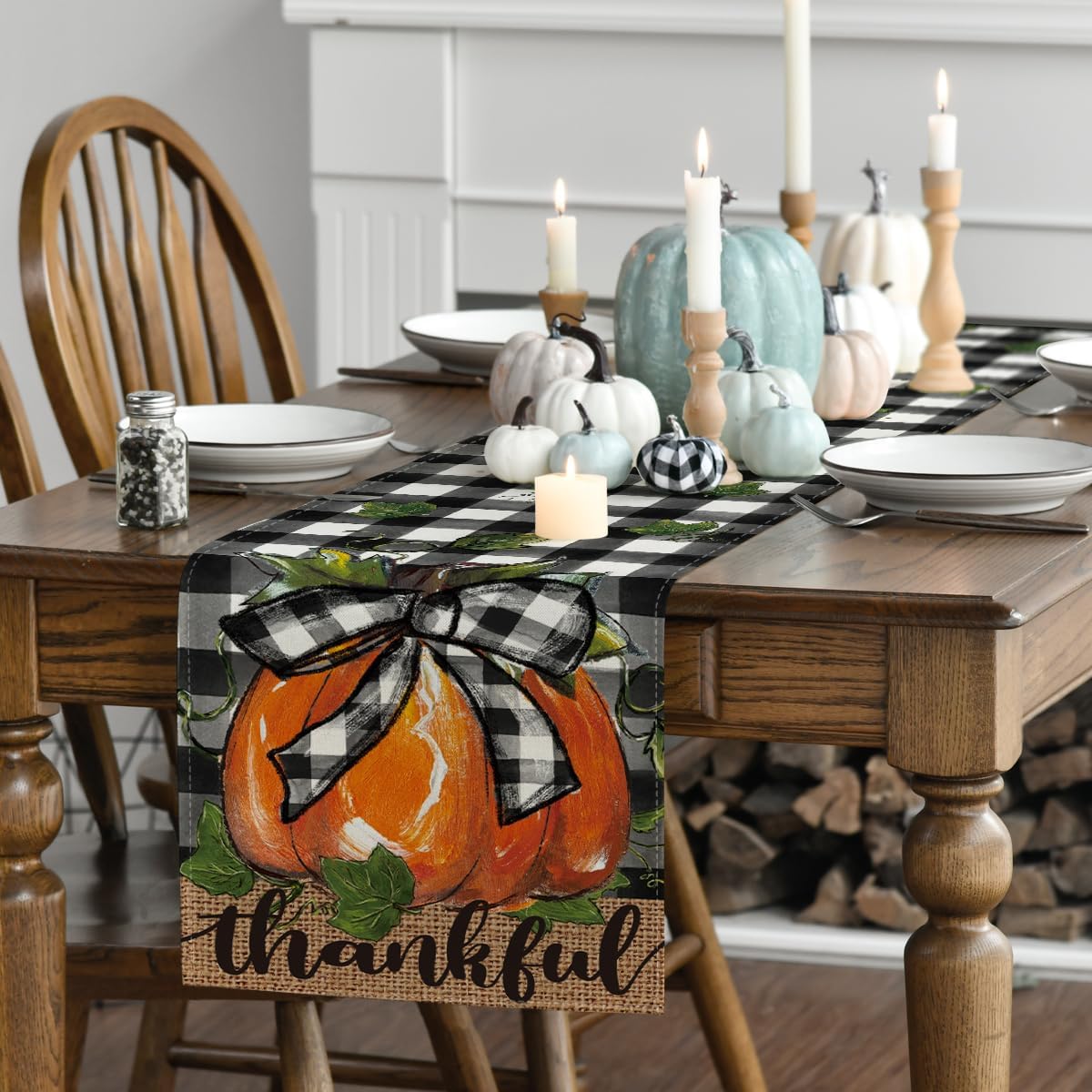 Artoid Mode Buffalo Plaid Bowknot Pumpkin Thankful Fall Table Runner, Autumn Thanksgiving Kitchen Dining Table Decoration for Home Party Decor 13x120 Inch