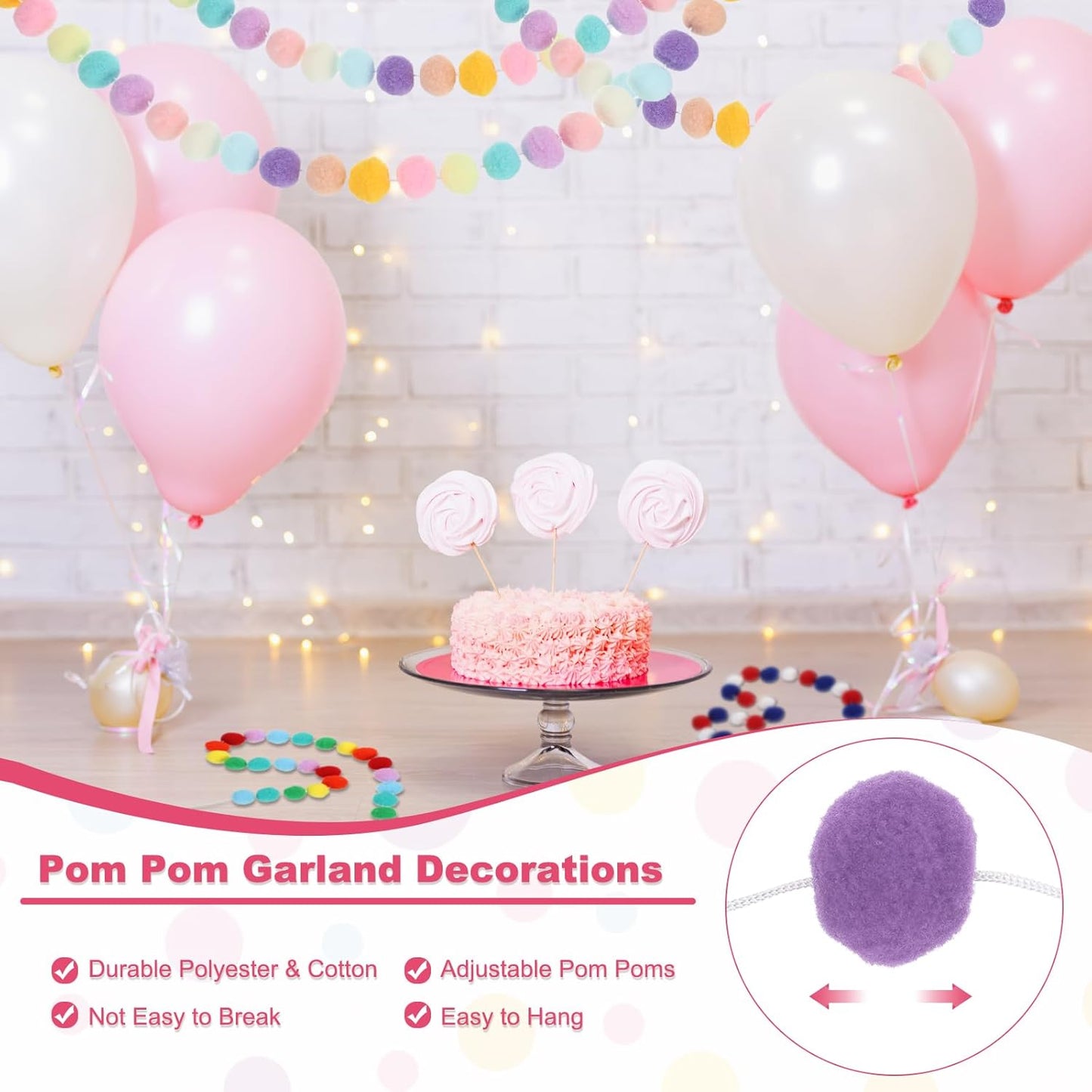 PATIKIL 26Ft Pom Pom Garland Decorations, 4Pcs Colorful Felt Ball Garland Banner Cute Rainbow Pompom Hanging Decorations for Tree Ornaments Homes Decor, 10 Colors