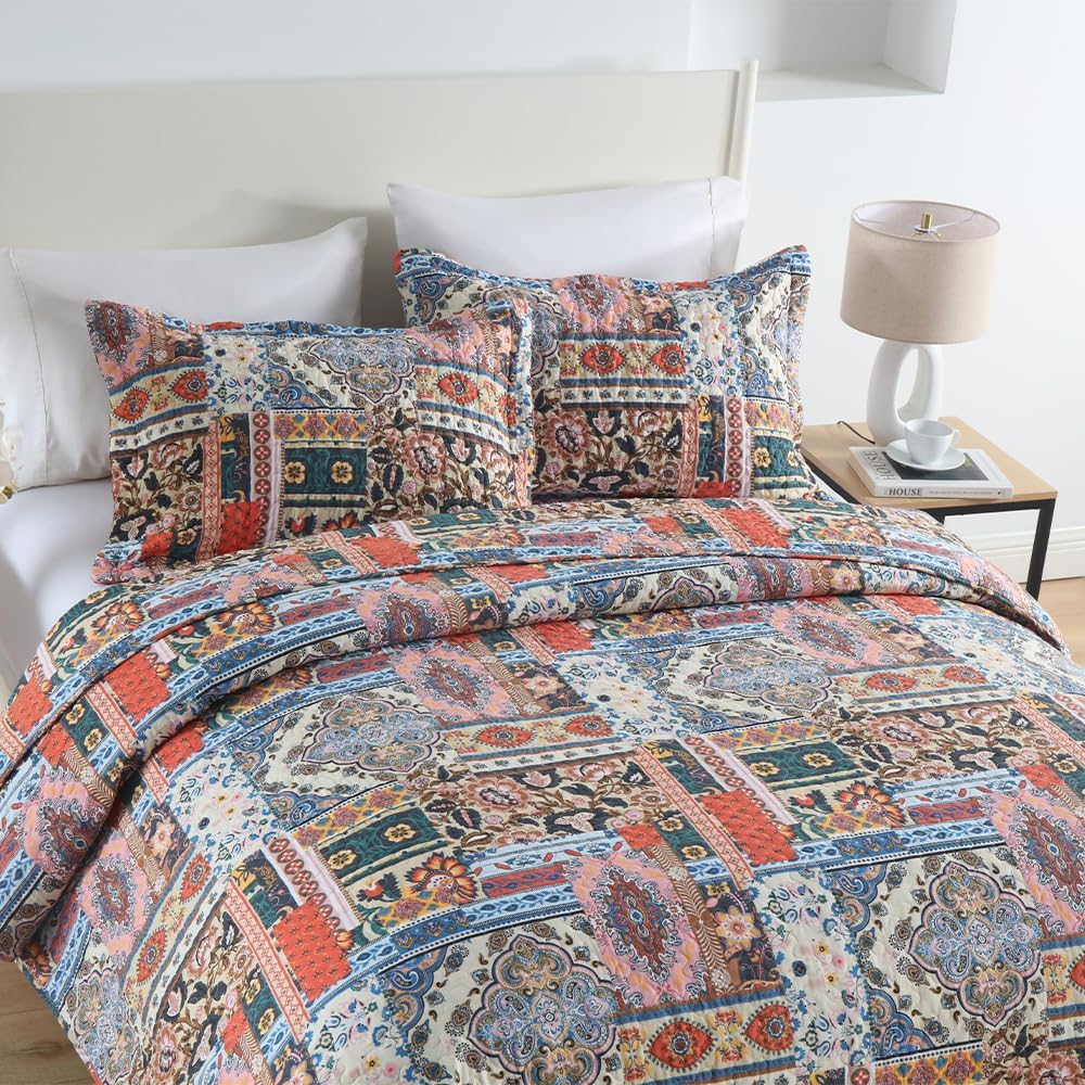 Autumn Dream Cotton Bedspread Quilt Sets, 3 Pieces Reversible Comforter Coverlet Sets, Vintage Gorgeous Bohemian,King Size