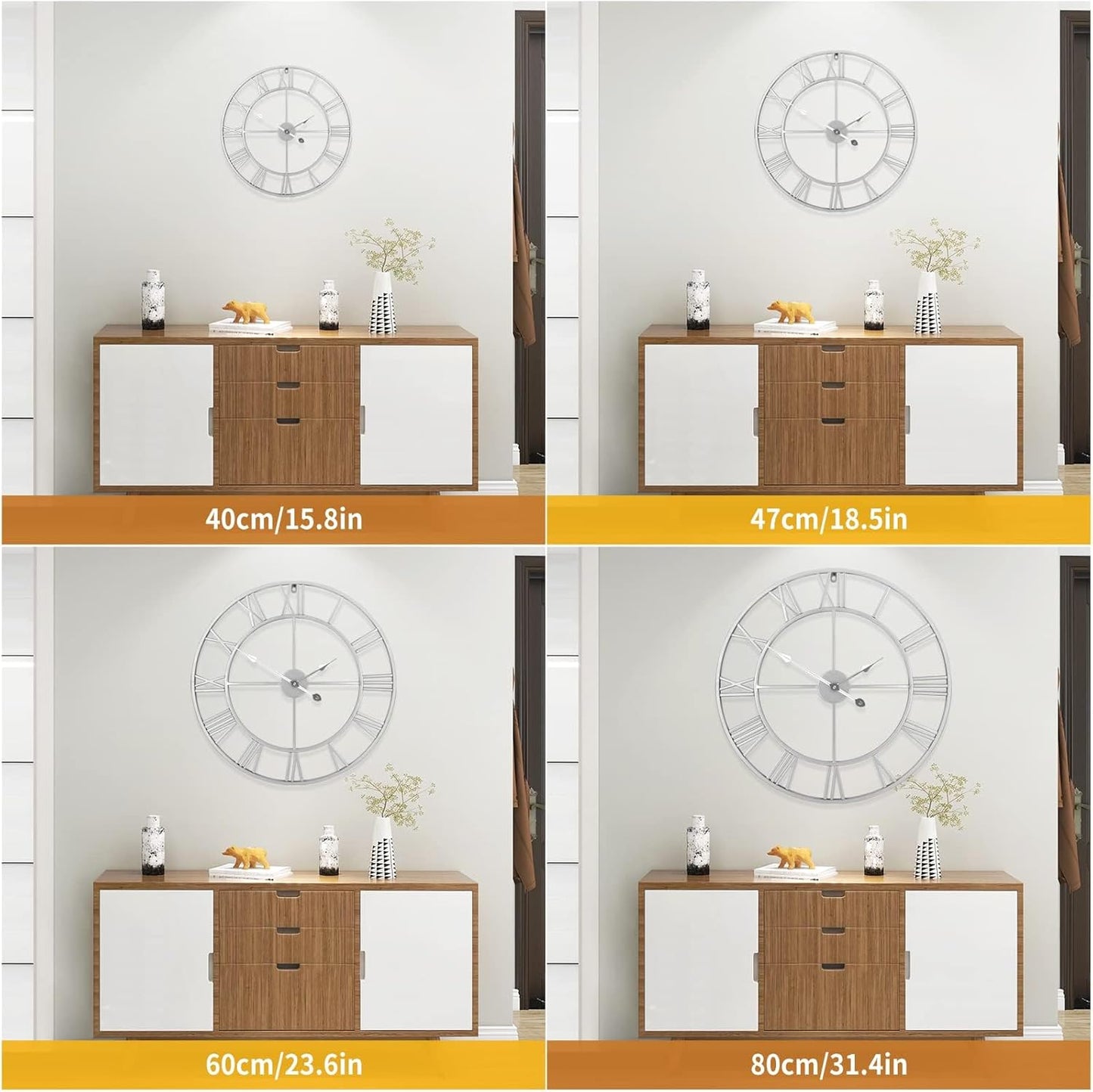1st owned Large Wall Clock for Living Room Decor Silent Non-Ticking Decorative Wall Clock Roman Numerals Vintage Battery Operated for Kitchen Farmhouse Cafe Office Decor (Silver, 32 Inches)