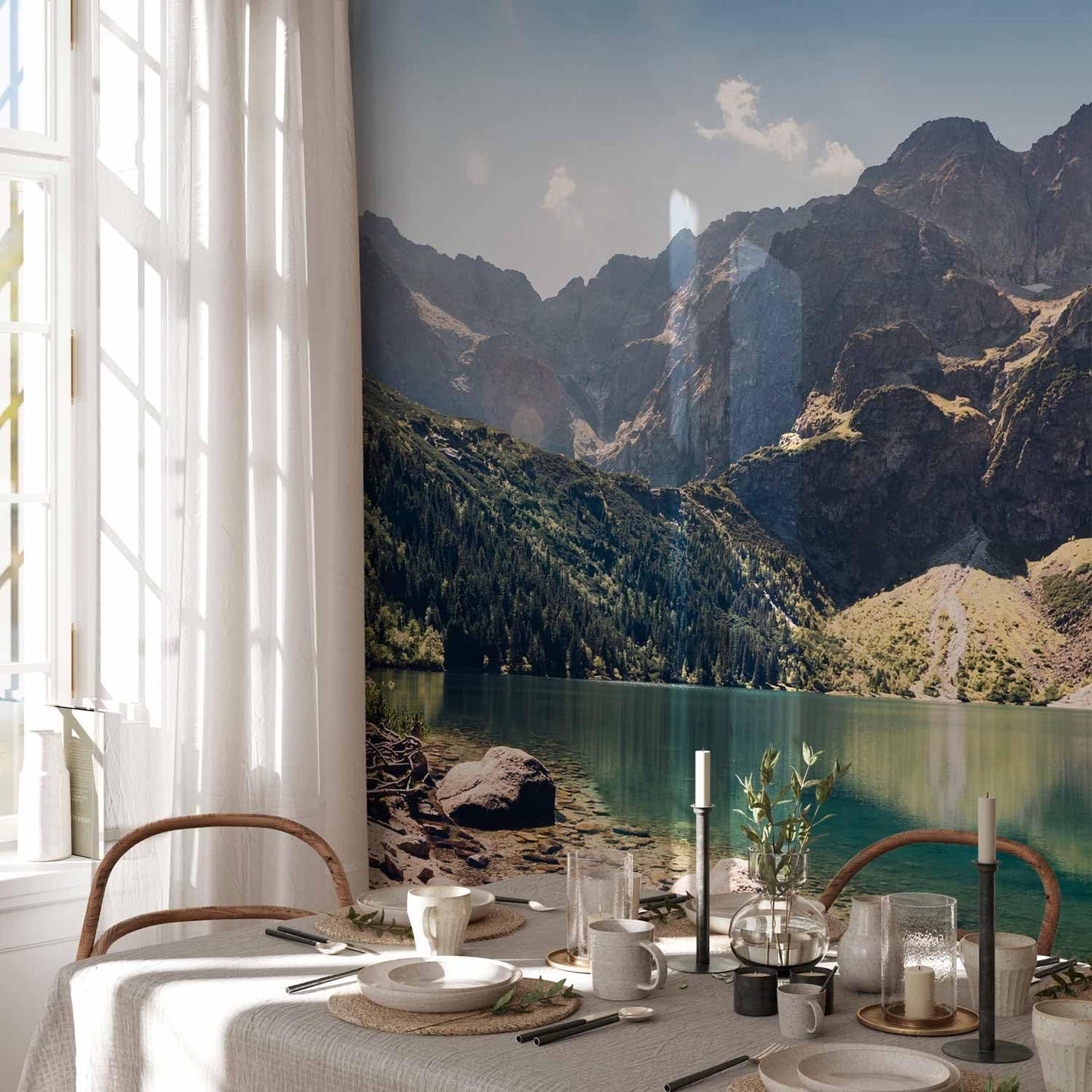 artgeist Wall Mural Peel and Stick Landscape 212x98 in - XXL Self-Adhesive Corner Wallpaper Removable Large Sticker Foil Angle Wallpaper Wall Decor Print Lake Mountains Forest c-B-0470-a-a