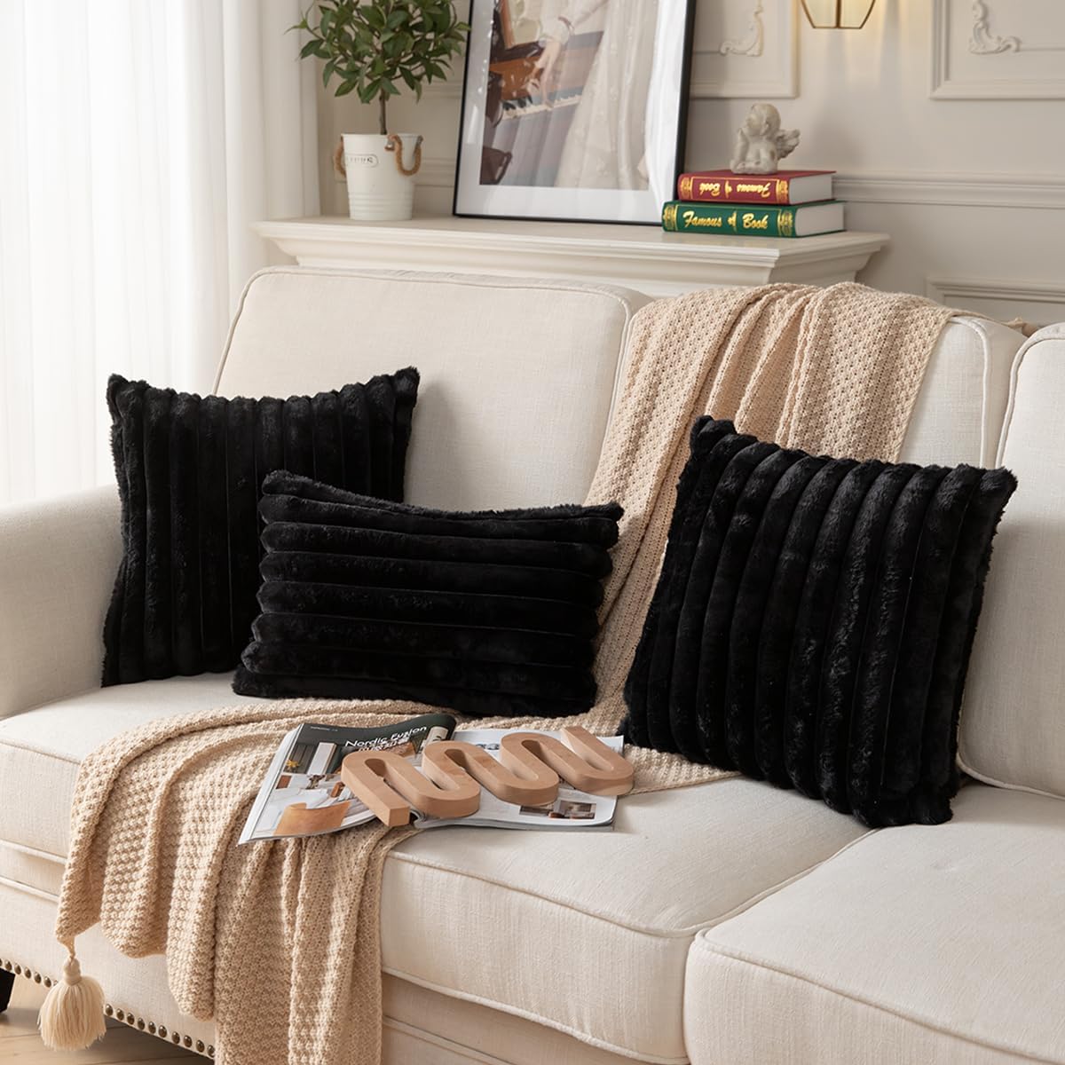 DEELAND Pack of 2,Double-Sided Faux Fur Plush Decorative Throw Pillow Covers Fuzzy Striped Soft Pillowcase Cushion Covers for Sofa Couch Bedroom Black 20x20 inch