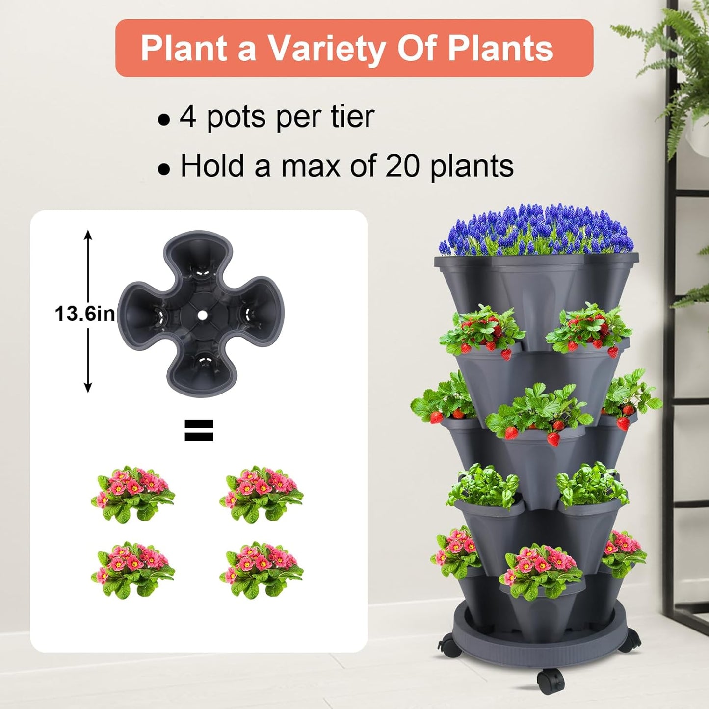 DUNCHATY Stackable Planter, Dark Gray, 5-Tier Garden Tower with Wheels, Self-Watering, Polypropylene Plastic, Indoor/Outdoor Use