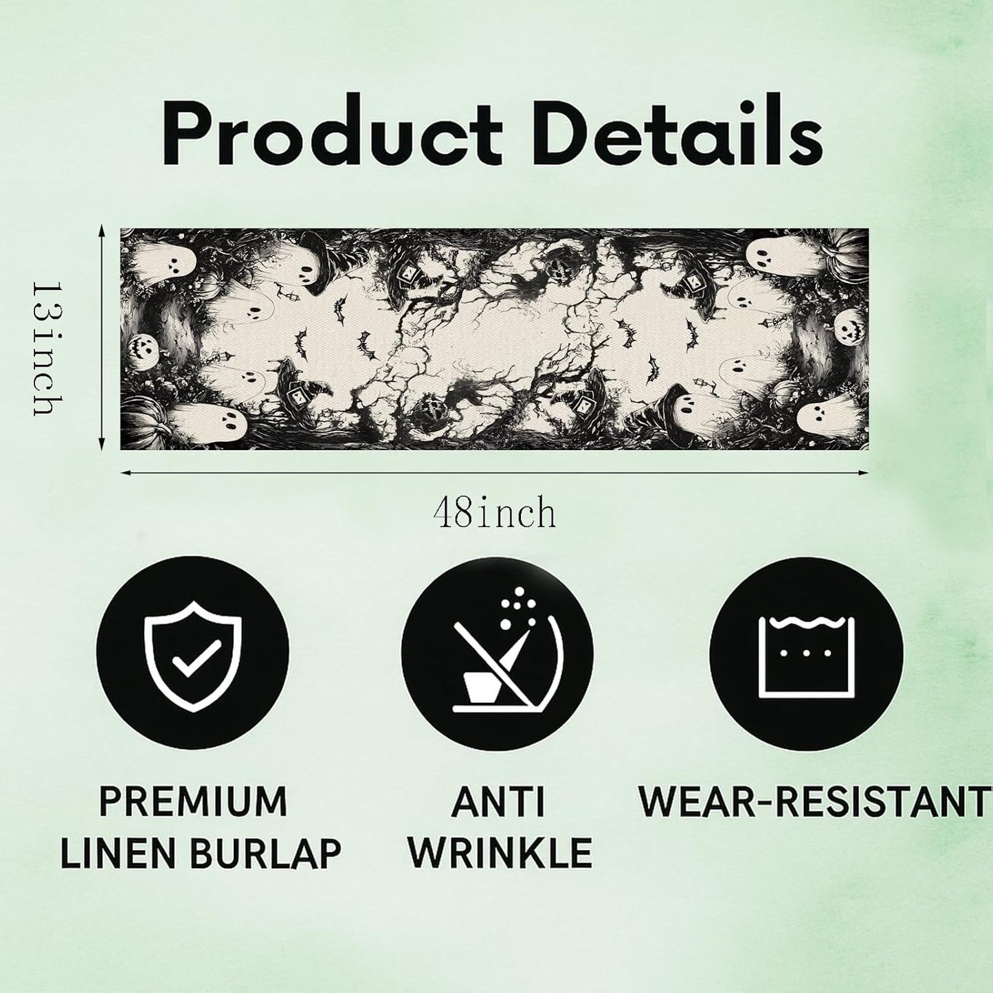 GPGHE Halloween Table Runner Black Ghost Holiday Burlap Table Decoration Indoor Outdoor Home Decor Party Supply 13 x 48 Inch