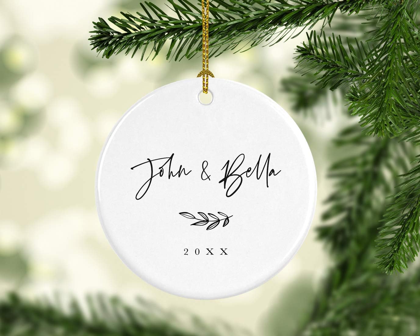 Andaz Press Personalized Round Ceramic Porcelain Christmas Tree Ornament Engagement Keepsake Collectible Gift, John & Olivia, Antique Handdrawn, 1-Pack