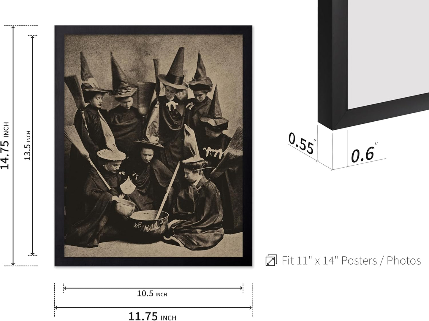 Poster Master Vintage Photograph Poster - Retro Halloween Print - Gift for Artist, Friend - Witches Cooking, Pointy Hats, Broomsticks, Black Magic - Wall Decor for Bedroom, 11x14 Black Framed