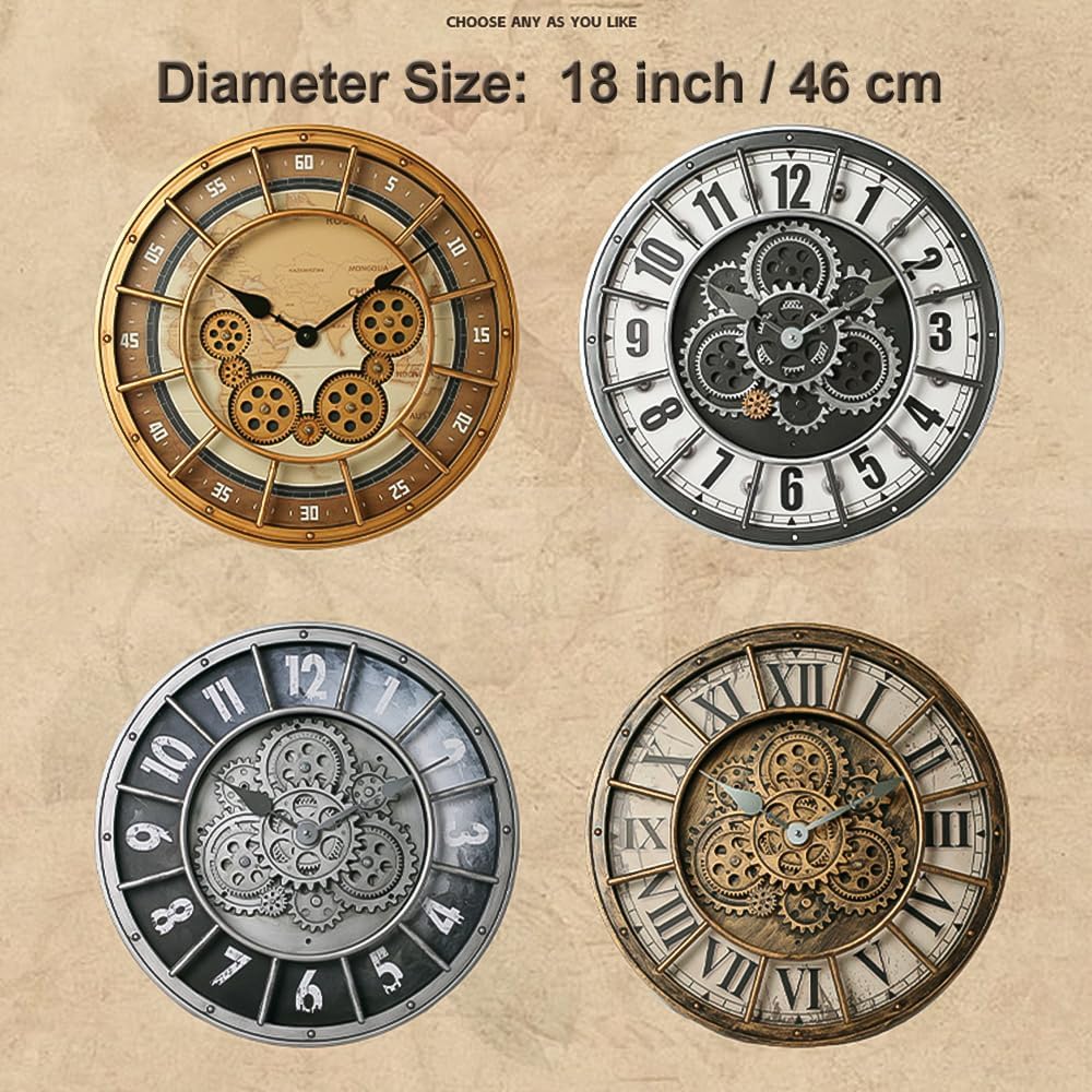 18 Inch Wall Clock with Moving Gears, Oversized Large Industrial Steampunk Decoration, Antique Metal Big Numeral Wall Clocks for Kitchen Study Room Living Room Decor (Matt Metal Silver-Black)