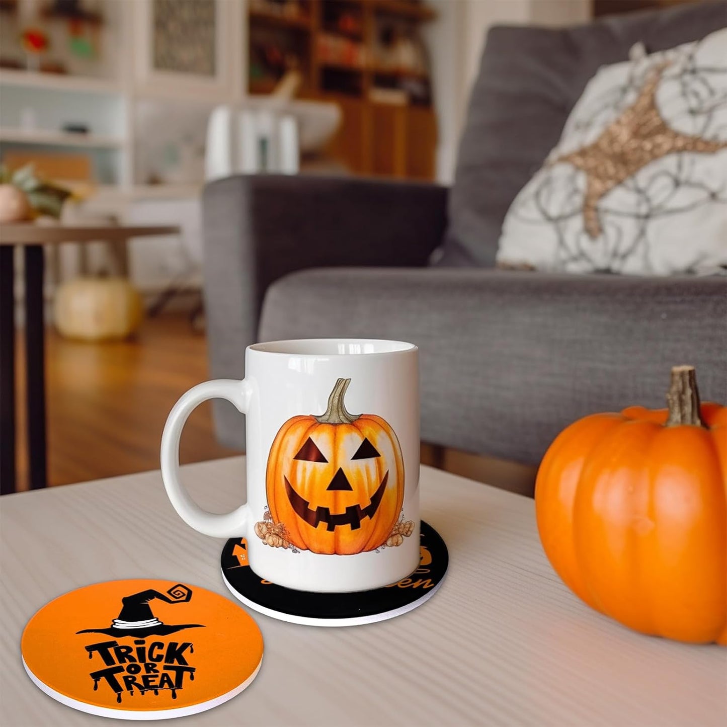 4Pcs Halloween Coasters Orange Black Round Ceramic Coaster Trick or Treat Heat-Resistant Cup Mats for Wooden Table Protection Home Party Supplies