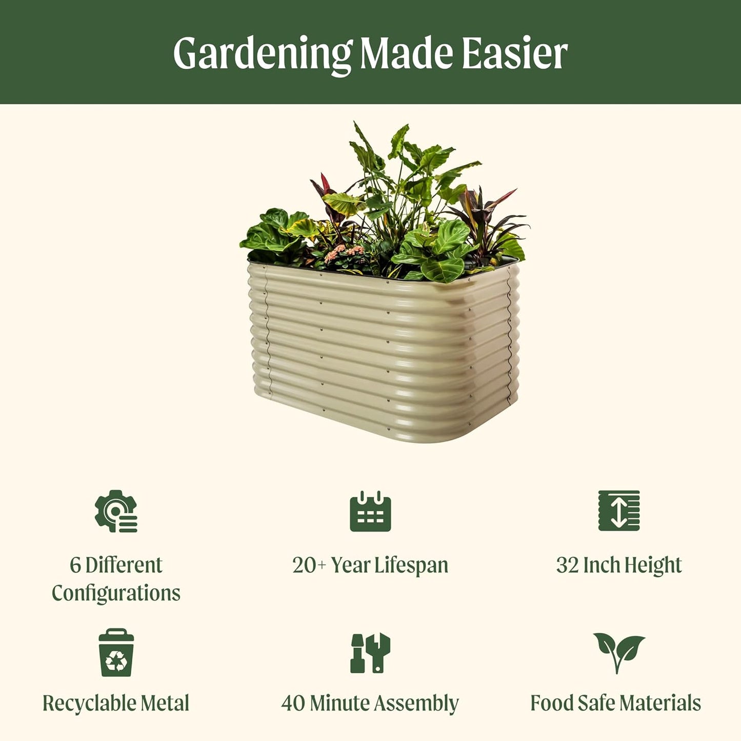 Vego garden 32" Extra Tall Raised Garden Bed Kits, 6 in 1 Modular Raised Planter Box for Vegetables Flowers Fruits Oval Metal Raised Garden, Sunlit Oak