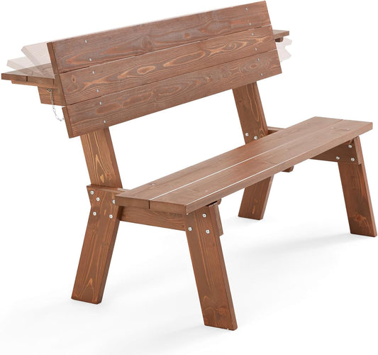 AVAWING Outdoor Convertible Wood Bench with Backrest, Patio Wood Convert a Bench, Space-Saving 2-in-1 Picnic Table Chairs Set for Backyard, Porch, Patio, Garden, Brown