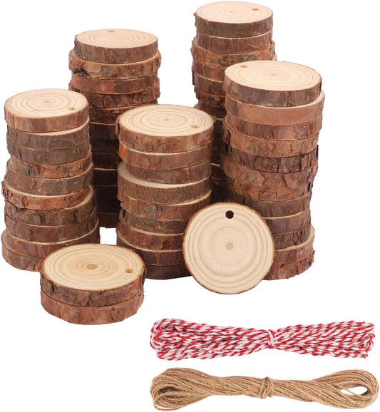 80 PCS 2.4-2.8 Inch Small Wood Slices with Hole, Mini Wood Slices with Rope for DIY Arts Craft Christmas Ornaments