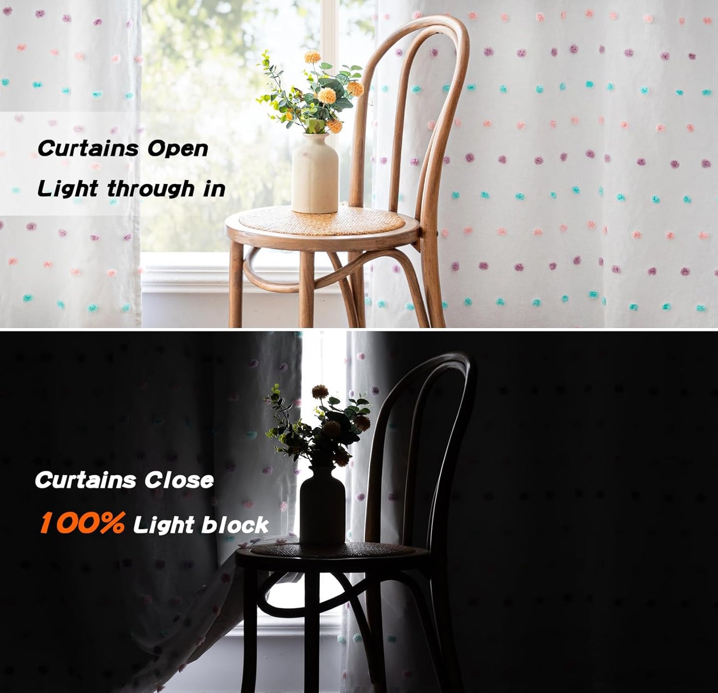 MYSKY HOME White 100% Blackout Curtains for Bedroom 72 Inch Long Light Blocking Drapes for Kids Room Thermal Insulated Room Darkening Curtains with Rainbow Pom Pom Sheer Grommet Set of 2, 52W x 72L