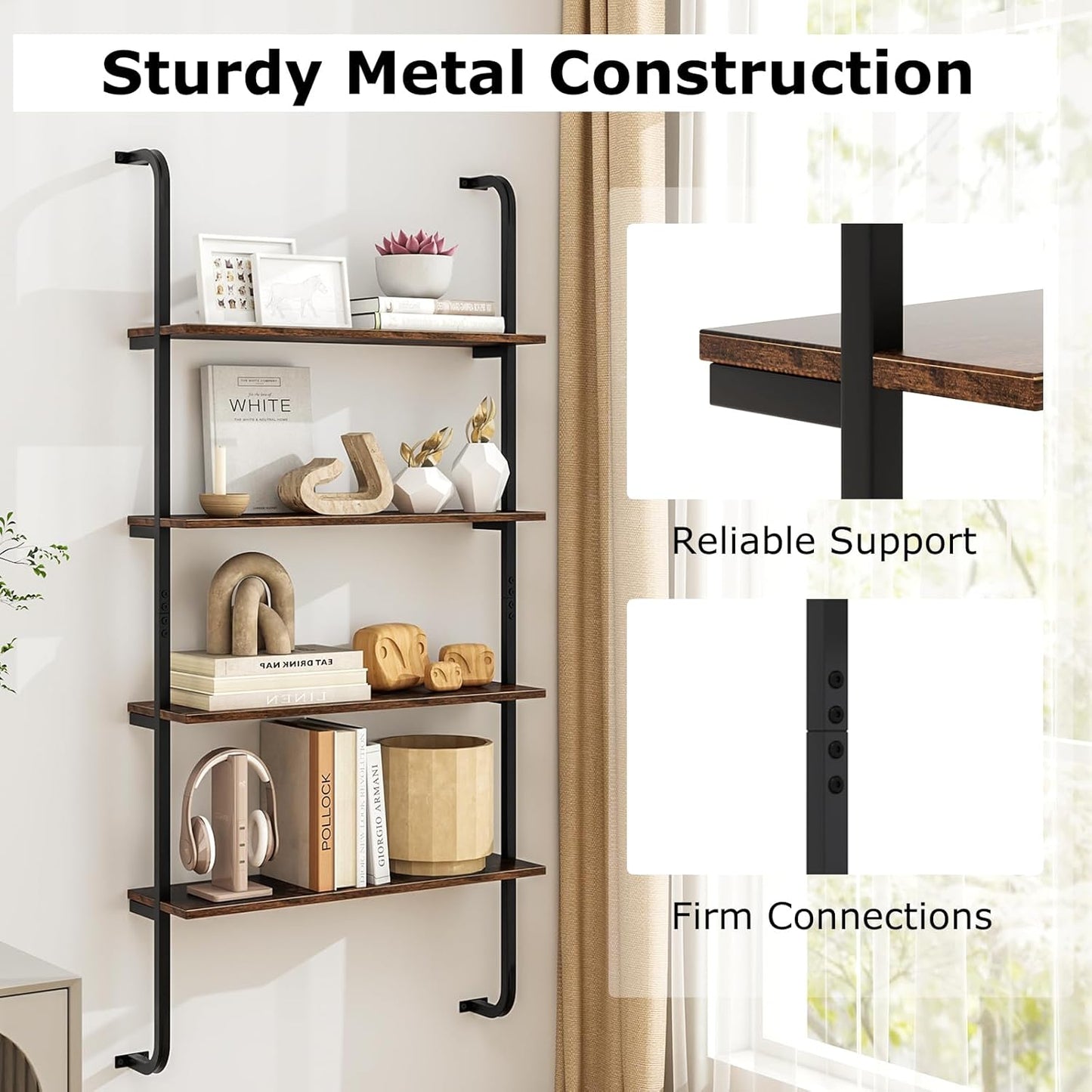 Giantex 4-Tier Industrial Bookshelf, Wall Mounted Pipe Shelving Unit, Floating Shelves with Metal Frame, Hanging Wall Display Shelf, Wood Ladder Bookshelf for Living Room, Kitchen, Rustic Brown