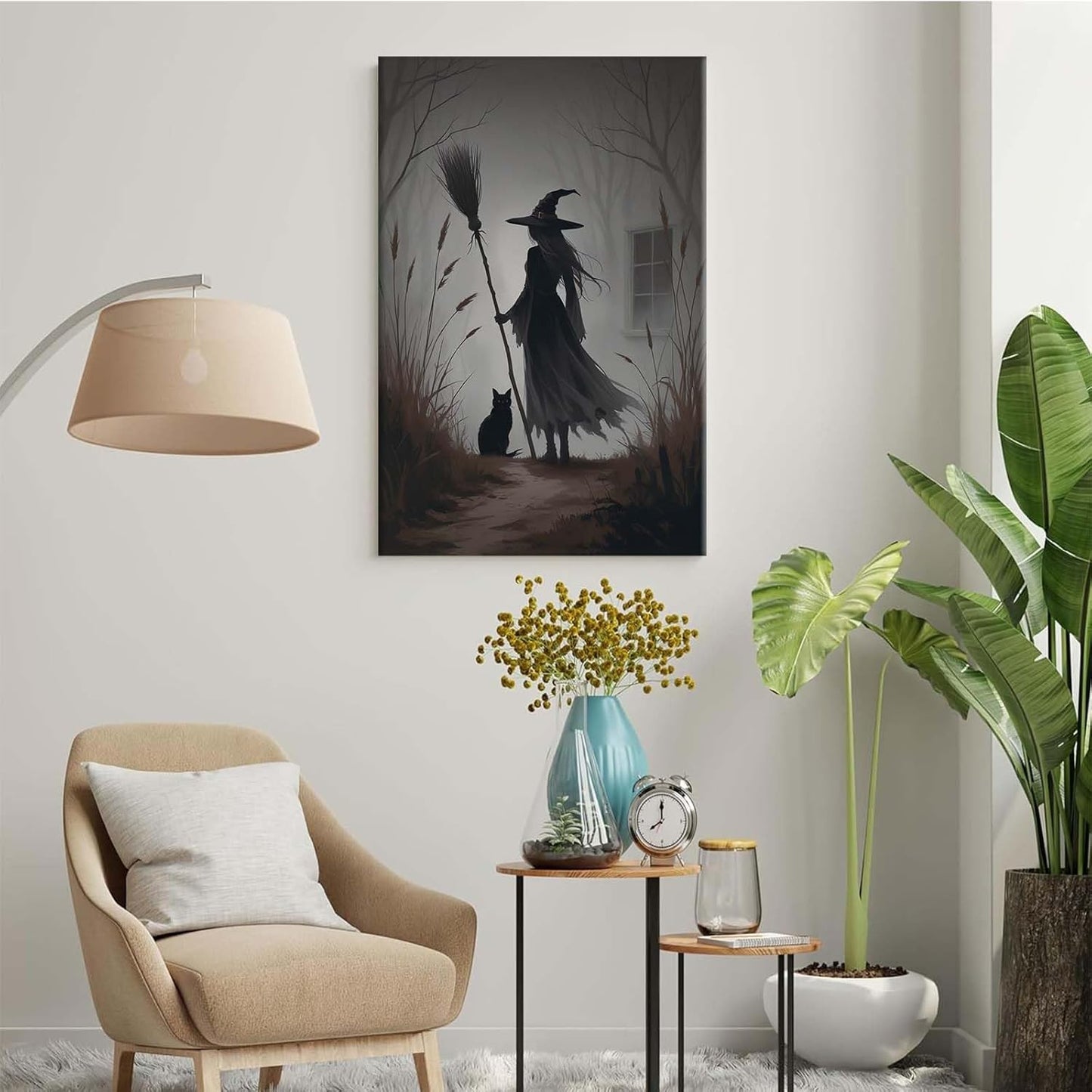 Vintage forest witch and black cat poster Halloween mural poster decoration mural art magic suitable for home living room bedroom20x30in Wood Framed