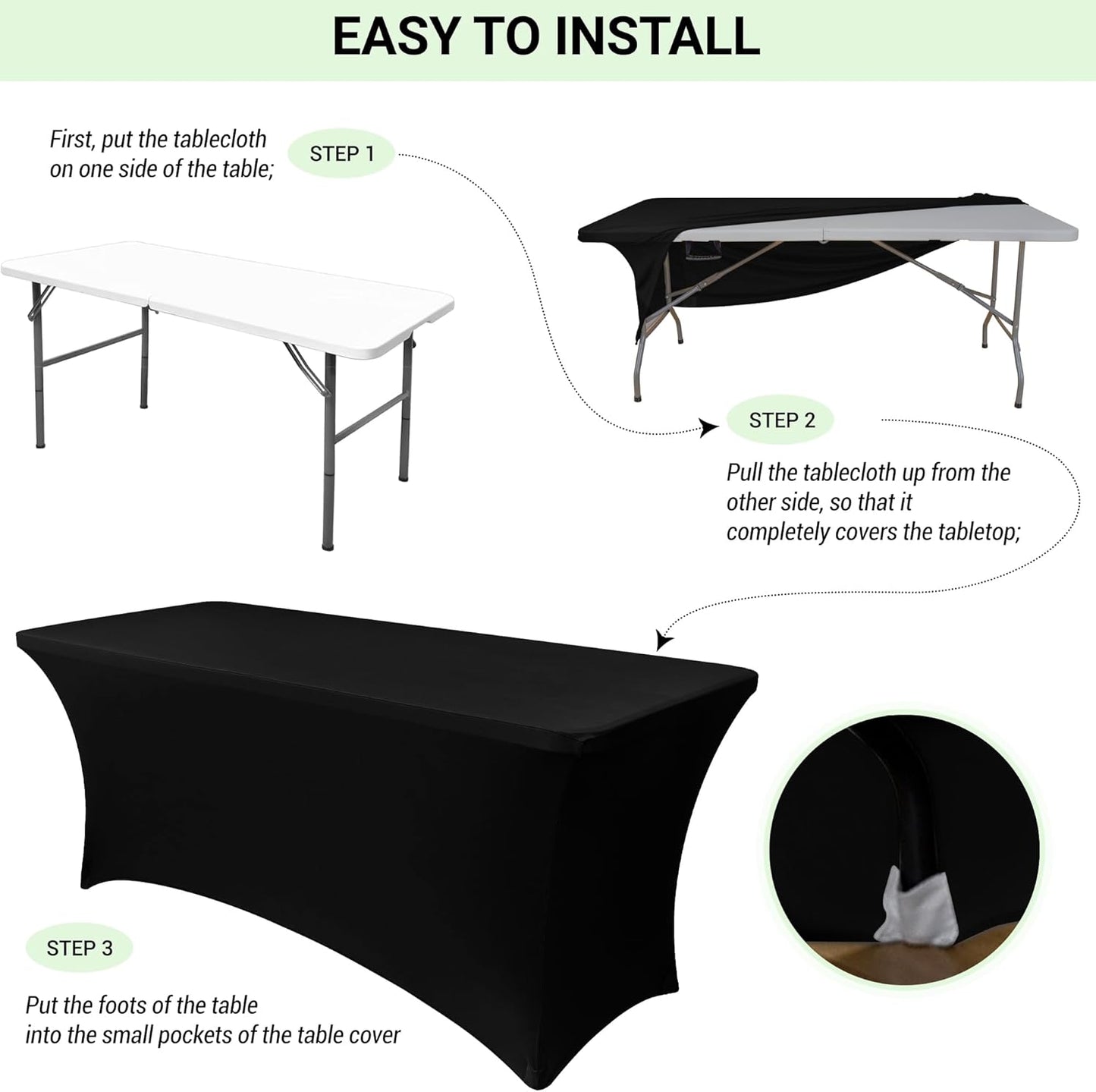 Obstal 8ft Stretch Spandex Table Cover for Standard Folding Tables - 2 Pack Universal Rectangular Fitted Tablecloth Protector for Wedding, Banquet and Party, Black