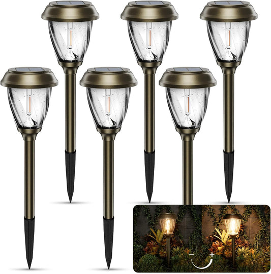 XMCOSY+ Solar Pathway Lights Outdoor, 10/25 LM in 2 Lighting Modes, Glass Stainless Steel Waterproof Outside Solar Powered Garden LED Lights for Yard Lawn Driveway Walkway Landscape Decor(Warm White)