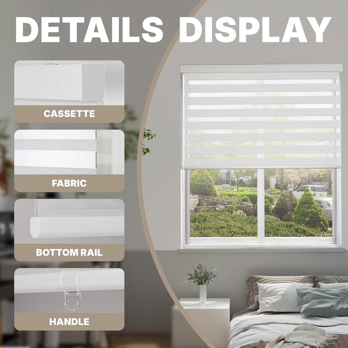 HESTIA Cordless Zebra Blinds Light Filtering Roller Shades Blackout Indoor Window Blind for Home Office,White,29" W x 54" H
