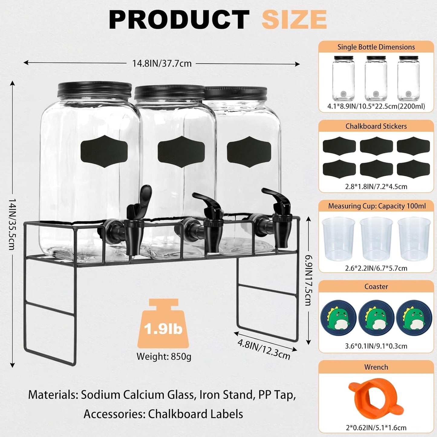3-Pack 2.2L Glass Laundry Detergent Dispenser Set with Stand - Premium Liquid Soap Dispenser with PP Spigots, Measuring Cups, and Chalkboard Labels for Laundry Room Organization and Storage