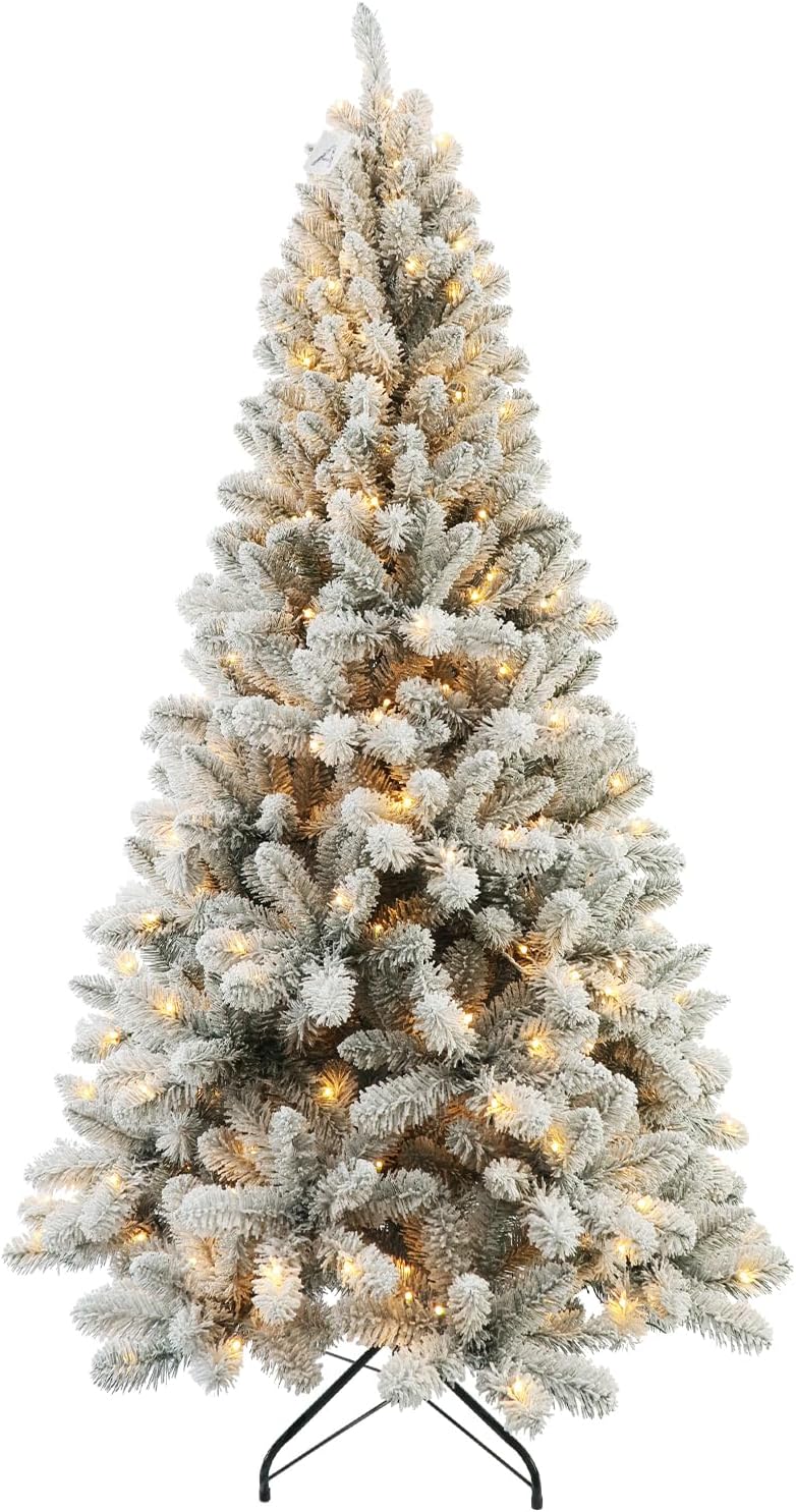 Prelit Christmas Tree With Lights 7.5ft,Premium Snow Flocked Artificial Xmas Tree, With 1364 Branch Tips and 550 Warm Lightsm,Support Automatique,Perfect Choice for Christmas Decorations,White