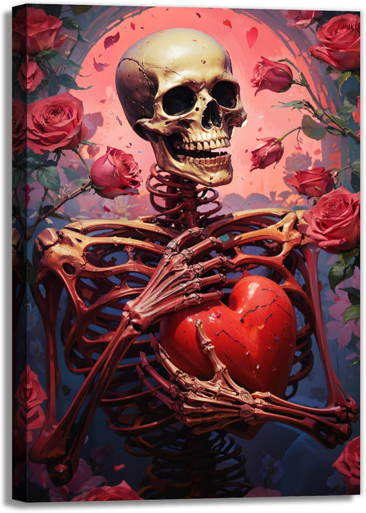 OAAPITI Skull Skeleton Canvas Wall Art Skull Holding Heart Picture Print Romantic Theme Painting Artwork Gothic Poster Wall Decor Living Room Halloween Decor(Artwork-1,28"x42")