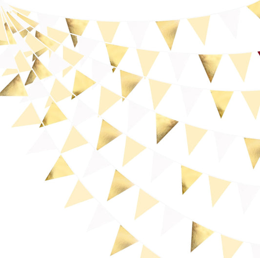 White and Gold Party Decorations Gold Beige White Fabric Triangle Pennant Banner Flag Bunting Garland for Graduation Wedding Birthday Bridal Shower Anniversary Engagement Baptism Party Supplies