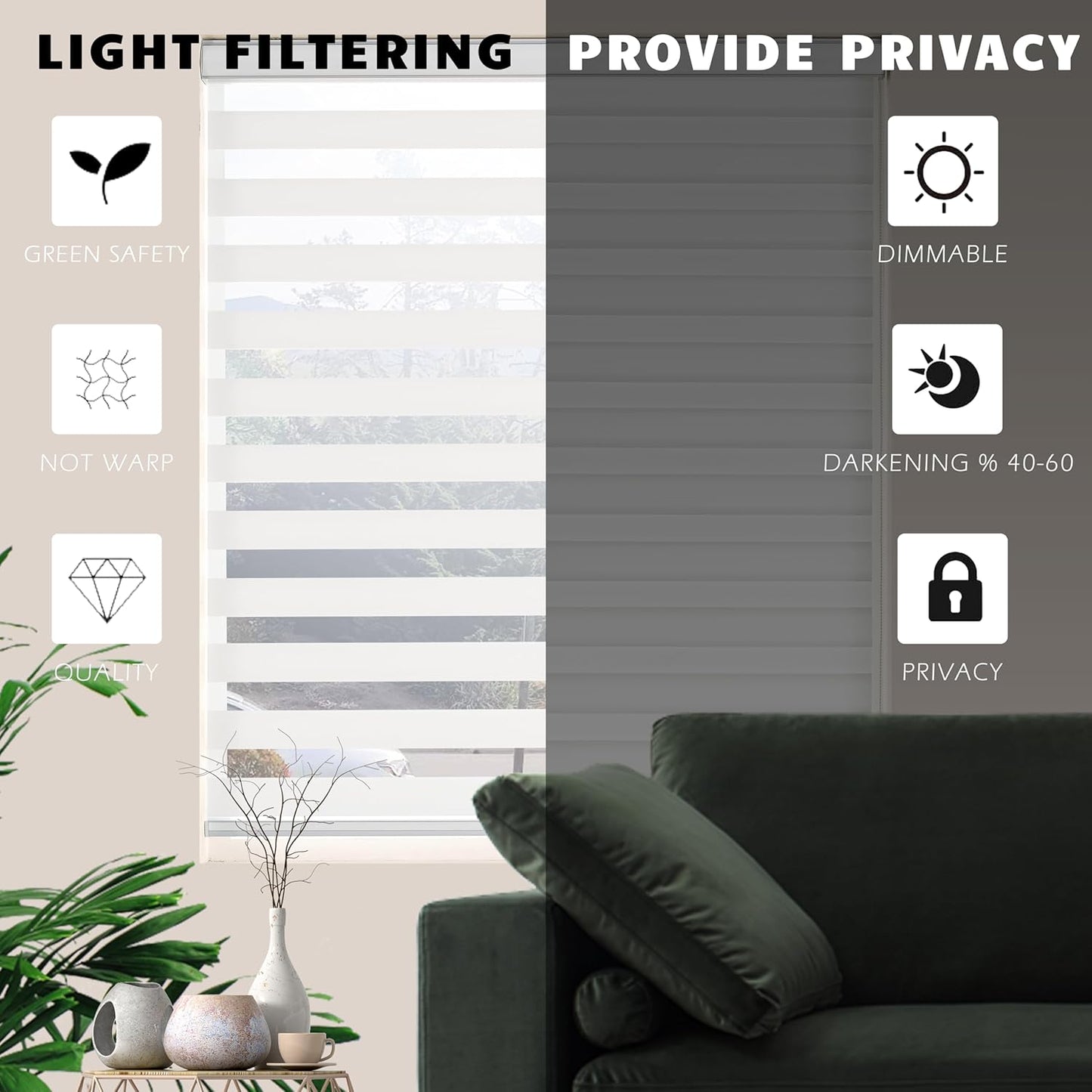 Zebra Blinds for Windows Dual Layer Light Filtering Privacy Free-Stop Sheer Shades Light Control for Indoor Windows Zebra Shades for Living Room(64" W X 72" H, White)