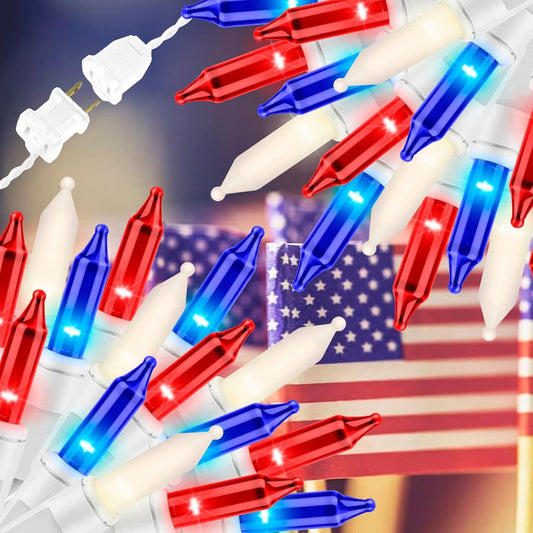 100LIGHTS RED White and Blue Extra-Bright with End Connectors 4th July Decoration Patriotic Mini String Lights 5.98m UL Certified Waterproof for Home Garden Holiday Tree Party Patio