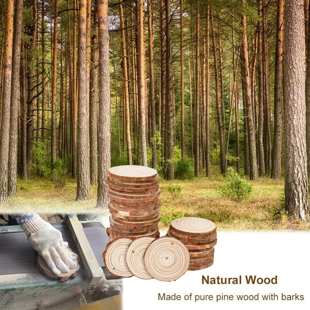 50 Pieces 2.4"-2.8" Natural Wooden Slices,Colovis Unfinished Wood Circles with Holes Tree Bark Round Log Discs DIY Crafts Hanging Ornaments (50 Pcs, Natural Wood)