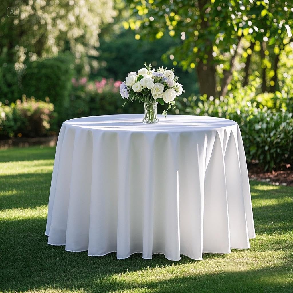 Surmente 132 inch Round Tablecloths -2 Pack White Round Table Cloths, Polyester Fabric Table Covers for Wedding, Party, Banquet, or Restaurant