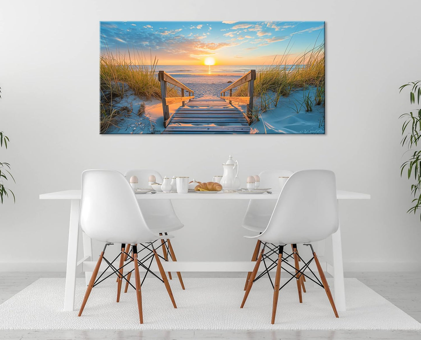LASMOND Beautiful White Sandy Beach Pier by Seaside at Sunset Landscape Wall Art Decor Artwork for Bedroom Living Room (20x40 Inches)