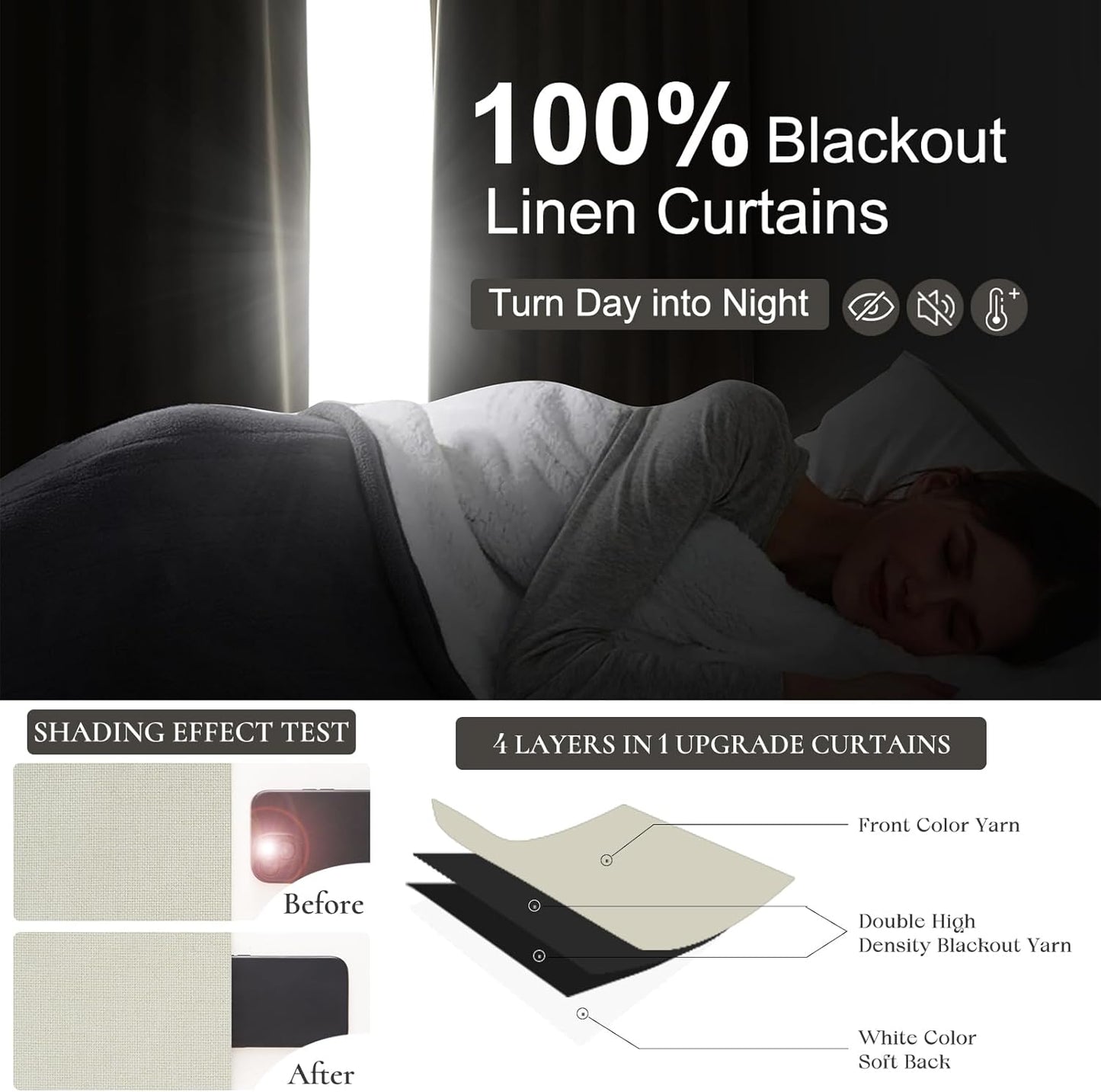 Custom Long 105 Inch Curtains Blackout for Living Room 2 Panels Set Pinch Pleated Noise Cancelling, Modern Cream White 105 Inch Linen Thermal Window Drapes for Winter 40" Wx105 Lx2