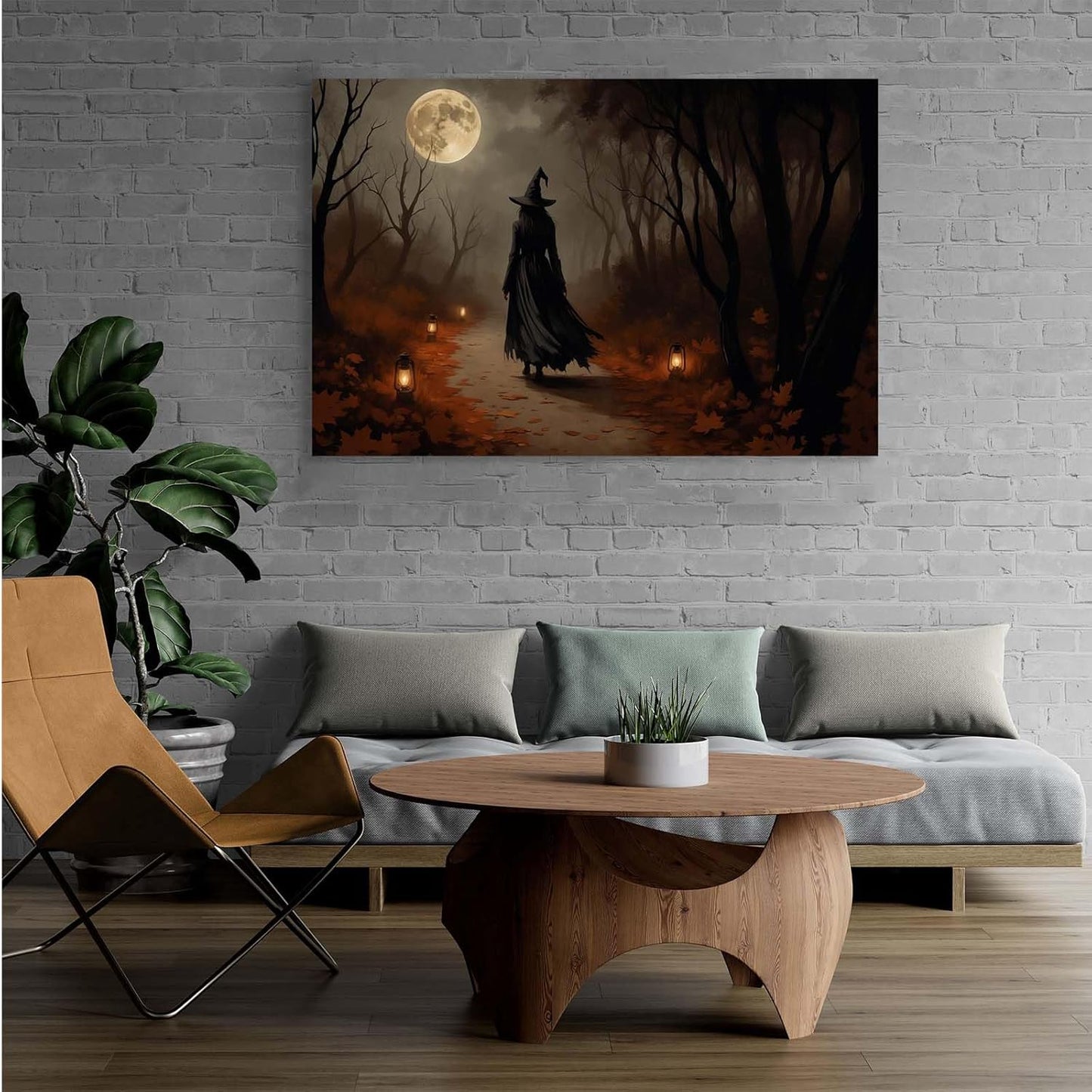 JFHCQJPK Moonlight witch poster dim lantern Halloween decoration Gothic style dark retro college style canvas wall art suitable for living room bedroom32x48in Frameless
