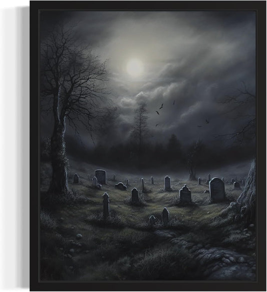 Gothic Graveyard Poster Art Print, Halloween Scary Vintage Wall Art Academia Spooky Painting Decoration for Horror Prints, Posters Bedroom Decor 89 (Gothic Graveyard, 8 x 10 inches, Black Frame)
