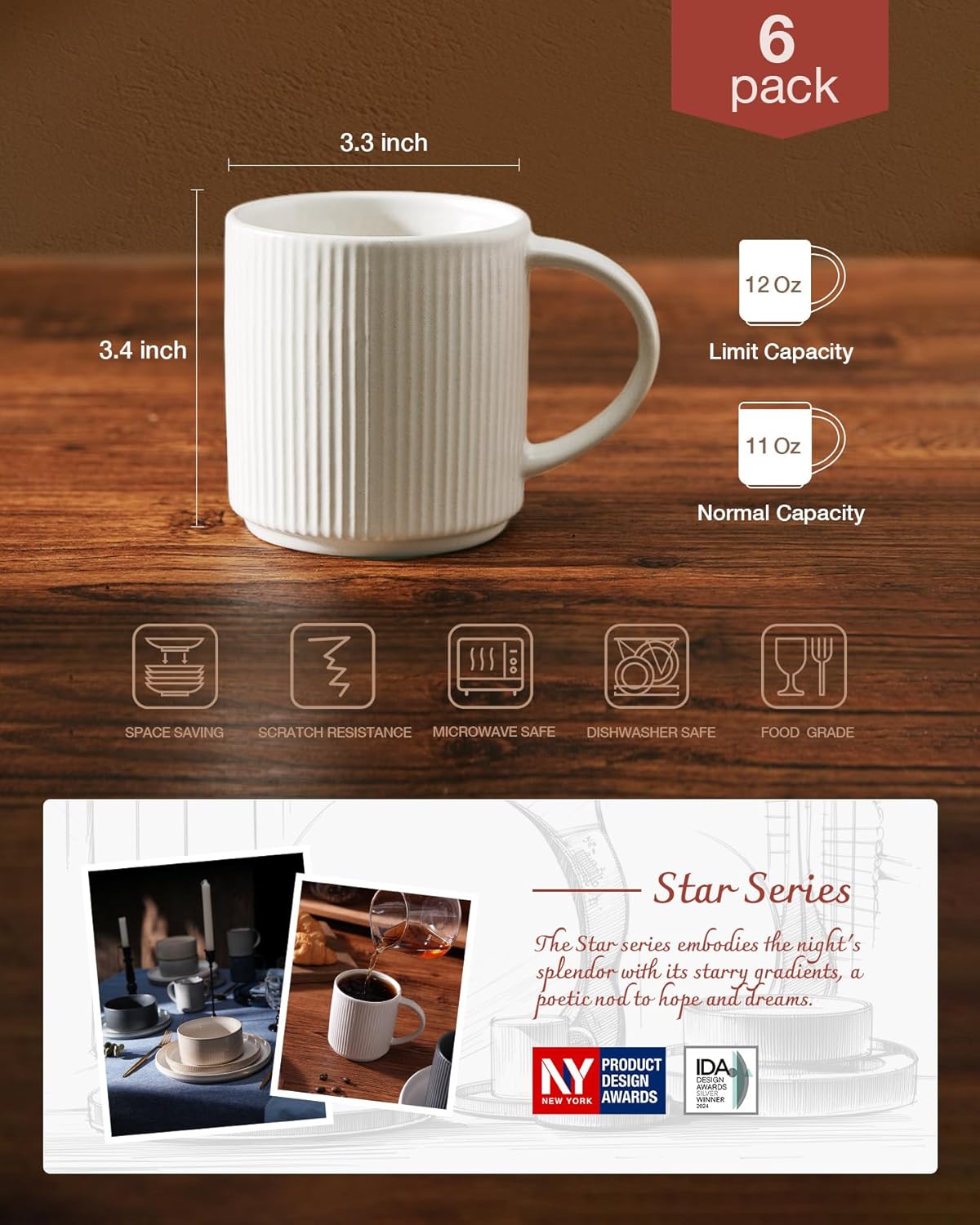 famiware Coffee Mug Set for 6, Star 12 oz Catering Mugs Cup Set with Handle for Coffee, Tea, Cocoa, Milk - Ceramic Stoneware Drinkware Set, Matte White + Matte Black