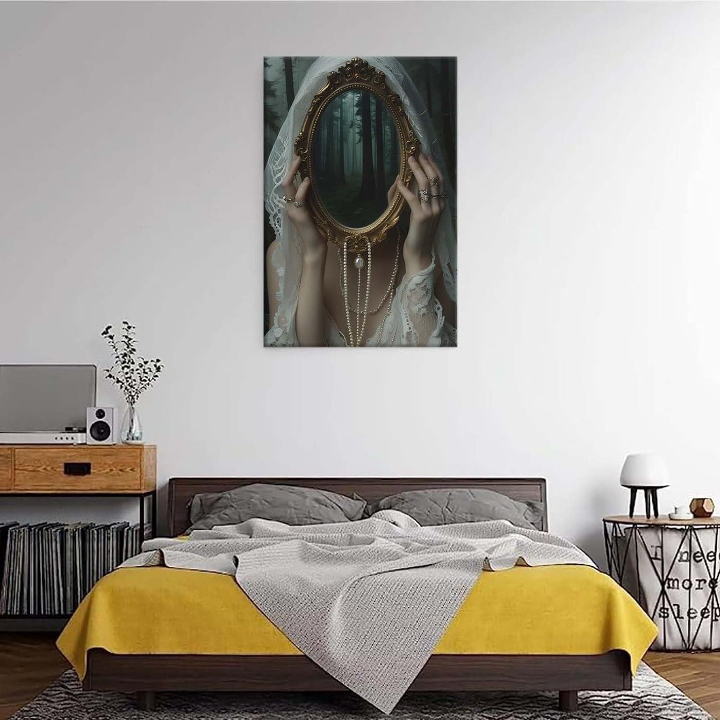 Mirror face covering dark art poster print melancholy gothic painting vintage feminine print victorian style decoration antique art24x36in Wood Framed