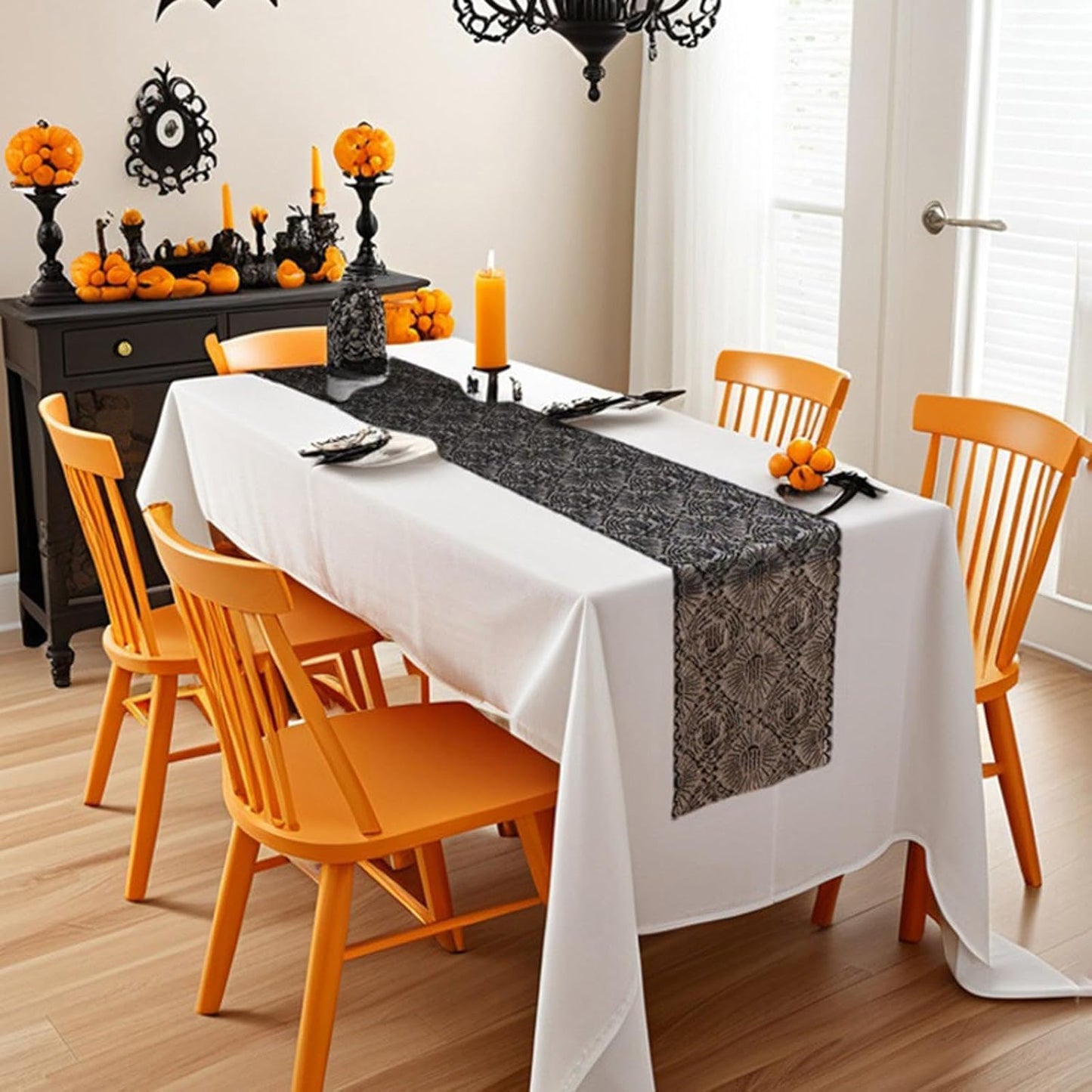 Halloween Black Lace Table Runner Ghost Hand Pattern Gothic Table Decorations Fireplace Mantel Scarf Halloween Indoor Party Tabletop Decor Supplies for Home Party 12×71 Inches