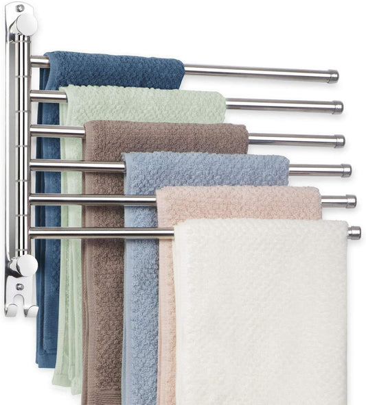 Towel Rack Wall Mounted JSVER Bathroom Towel Rack, Space Saving Towel Holder, Swivel SUS304 Stainless Steel Towel Bar, 180° Rotation 6 Arms Towel Racks for Bathroom
