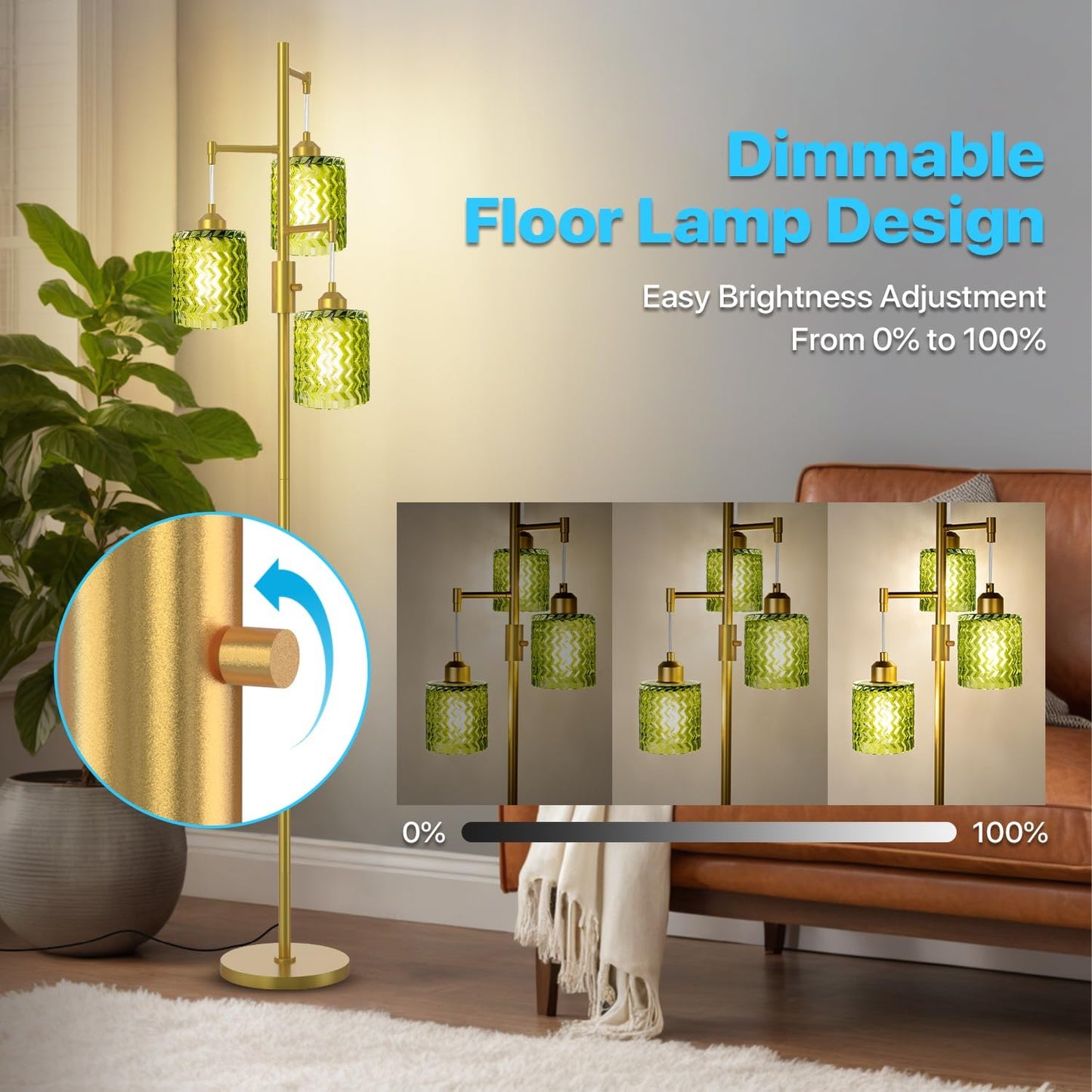 Gold Floor Lamp for Living Room, Vintage 3-Light Green Glass Standing Lamp, Brass Base Mid Century Modern, Retro Tree Design Tall Floor Lamps