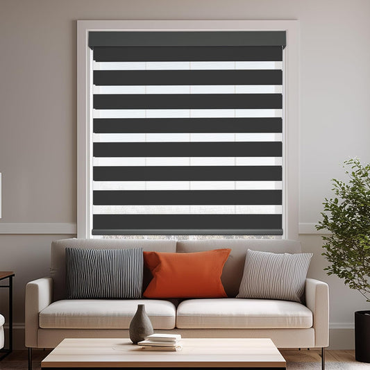 HESTIA Cordless Zebra Blinds Light Filtering Roller Shades UV Blocking Blackout Privacy Indoor Window Shades for Home Office Day and Night, Black,24" W x 48" H