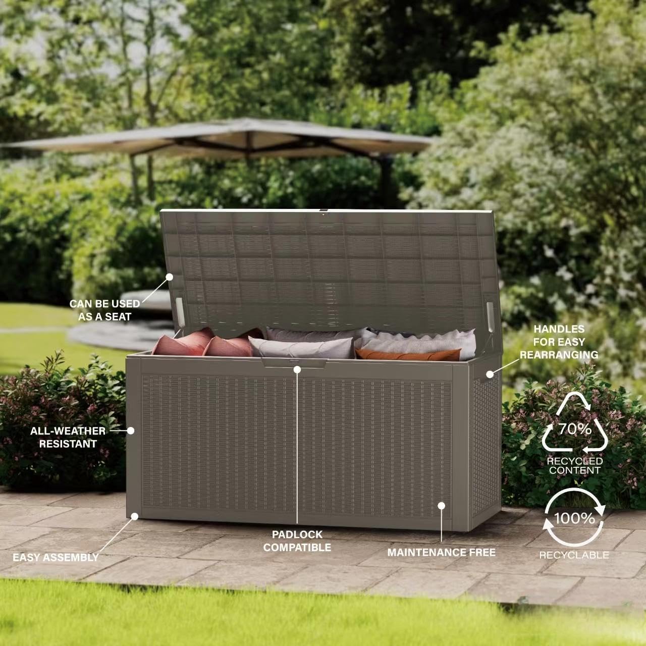 180 Gallon Resin Deck Box, Waterproof Outdoor Storage Bin for Patio Furniture, Pool Accessories, and Garden Tools, Lockable & UV-Resistant, Grey